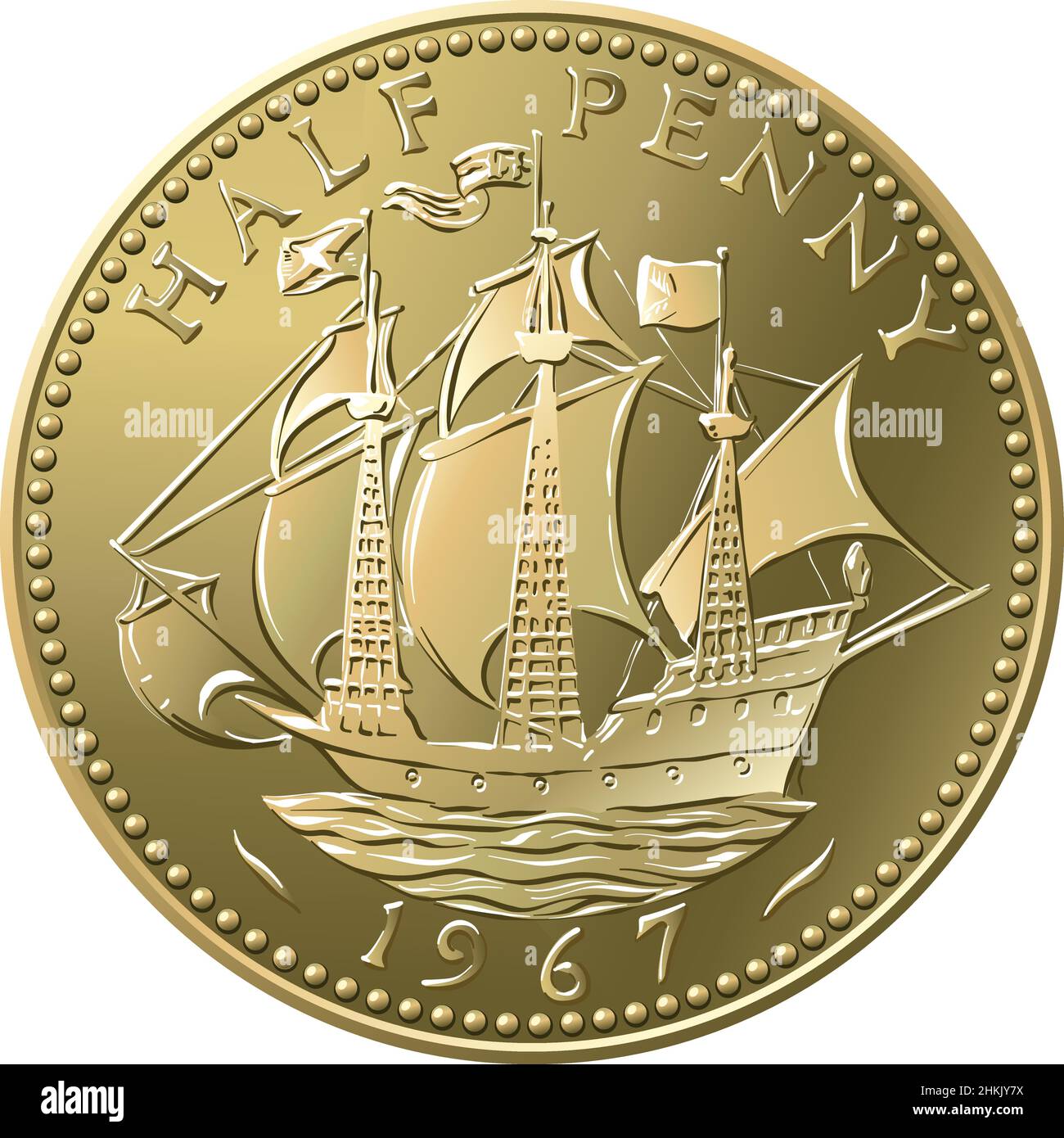 Vettore moneta britannica un vecchio mezzo penny con galeone sul retro Illustrazione Vettoriale