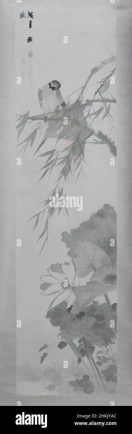Arte ispirata da Parrot e fiori di loto, Zhu Cheng, colore su carta, Cina, 19th-20th secolo, Dinastia Qing al periodo repubblicano, totale: 84 3/8 x 20 1/4 pollici, 24 pollici con rulli, opere classiche modernizzate da Artotop con un tuffo di modernità. Forme, colore e valore, impatto visivo accattivante sulle emozioni artistiche attraverso la libertà delle opere d'arte in modo contemporaneo. Un messaggio senza tempo che persegue una nuova direzione selvaggiamente creativa. Artisti che si rivolgono al supporto digitale e creano l'NFT Artotop Foto Stock
