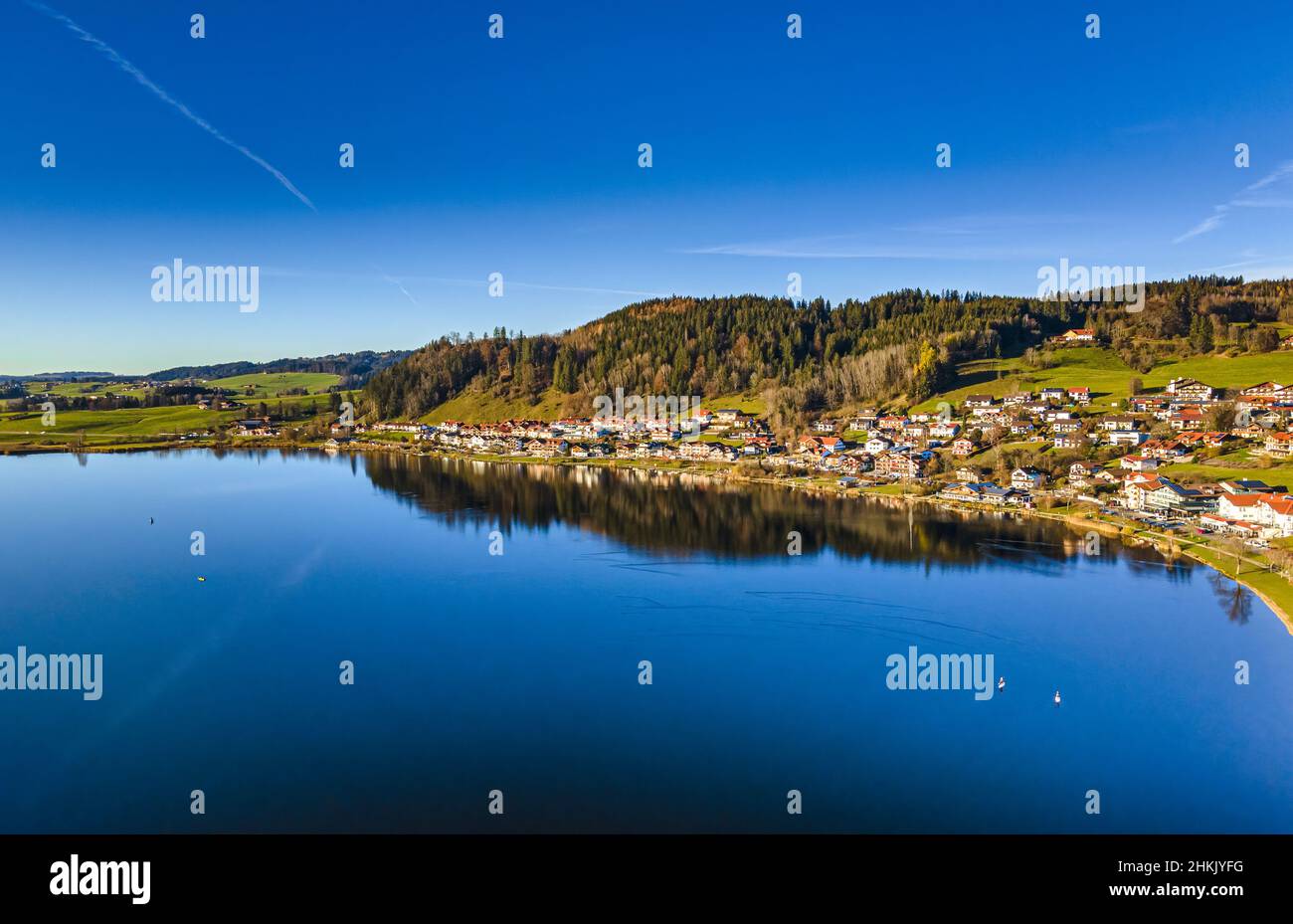 Hopfen am See al lago Hopfen, foto drone, Germania, Baviera, Swabia, Allgaeu Foto Stock