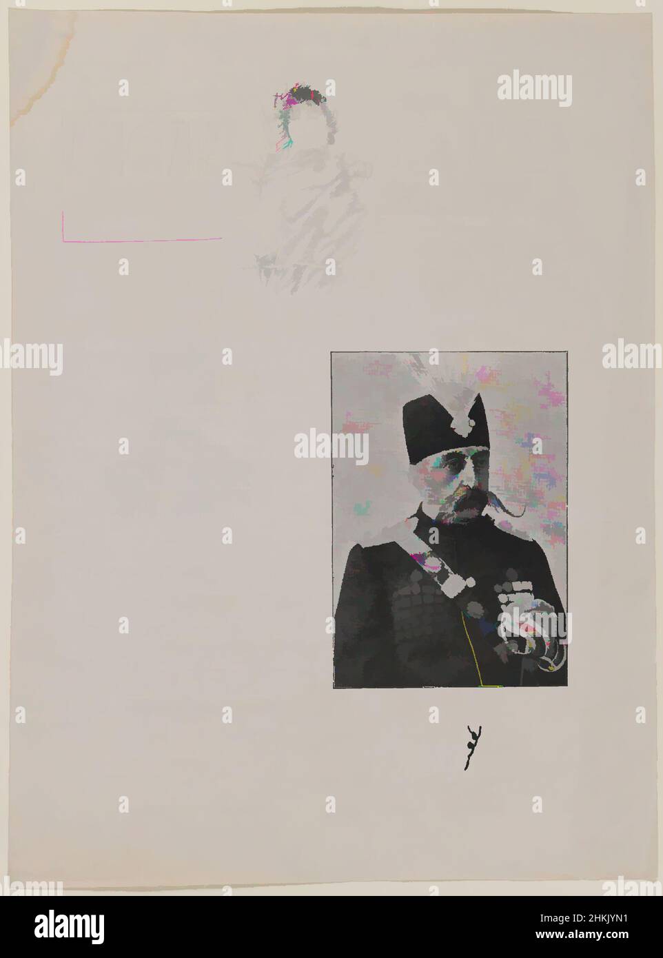 Arte ispirata a una delle 274 fotografie d'epoca, giornale, fine 19th-inizio 20th secolo, Qajar, periodo Qajar, 10 7/16 x 7 7/8 pollici, 26,5 x 20 cm, 1900, 19th secolo, art nouveau, Budapest, illustrazione, medaglie, militari, baffi, baffi, Giornale, sceneggiatura persiana, settembre, turco, opere classiche modernizzate da Artotop con un tuffo di modernità. Forme, colore e valore, impatto visivo accattivante sulle emozioni artistiche attraverso la libertà delle opere d'arte in modo contemporaneo. Un messaggio senza tempo che persegue una nuova direzione selvaggiamente creativa. Artisti che si rivolgono al supporto digitale e creano l'NFT Artotop Foto Stock