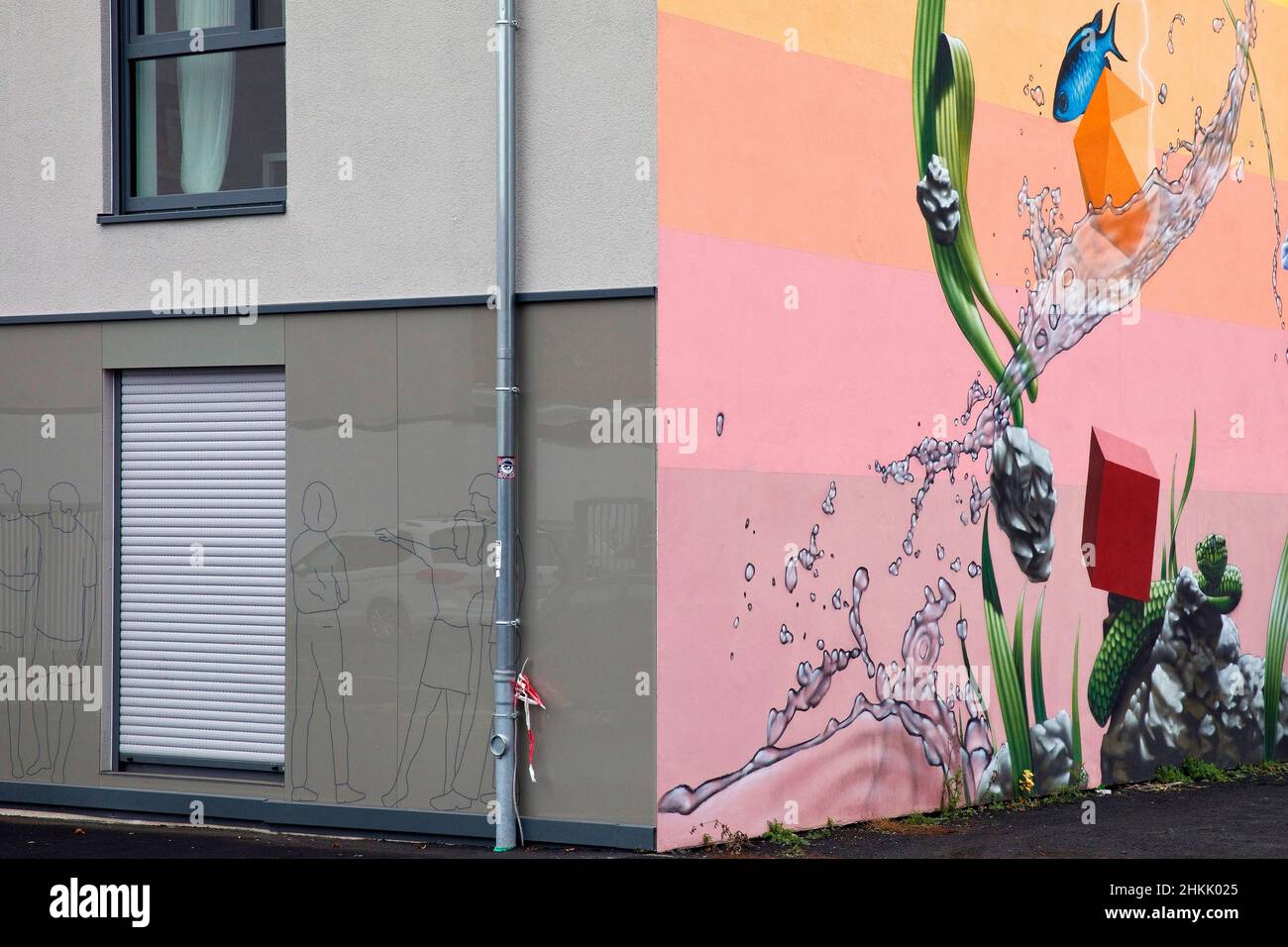 Pareti dipinte della casa, Streetart con il titolo Quadrivium, Germania, Assia, Cassel Foto Stock