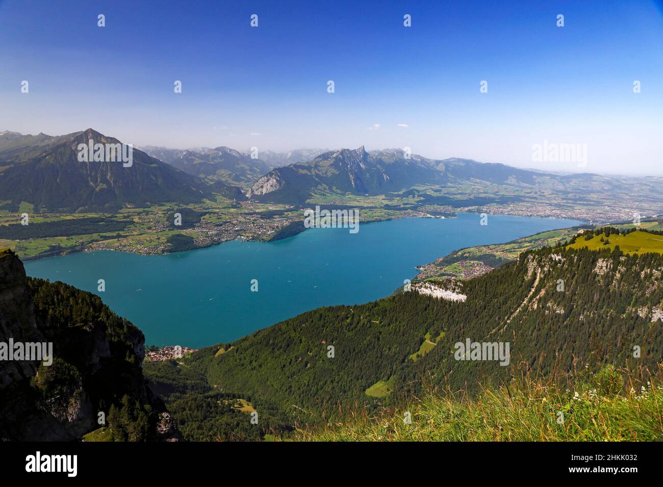 Lago Thun con Spiez e Stockhorn, vista da Niederhorn, Svizzera, Oberland Bernese, Beatenberg Foto Stock