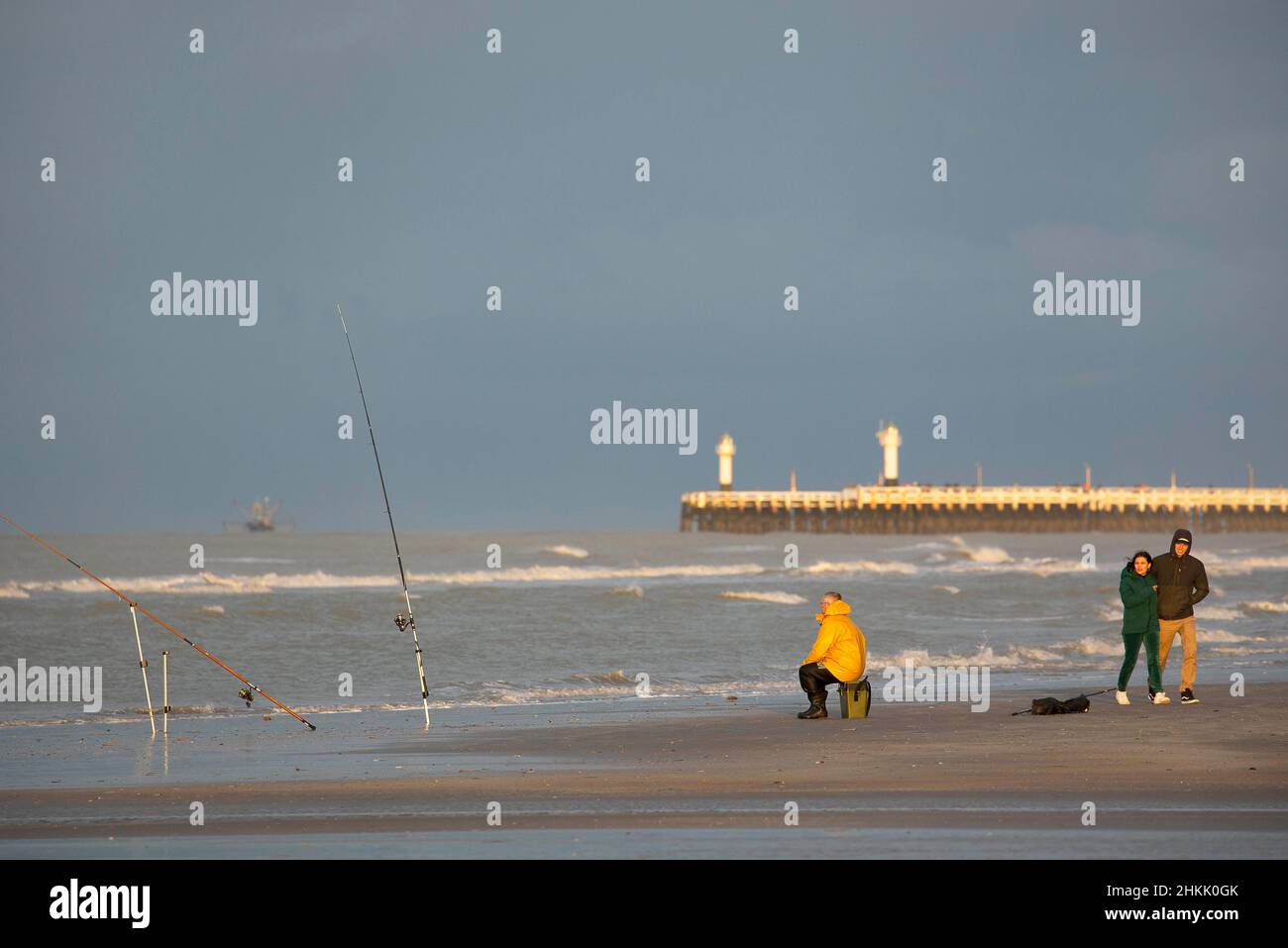 Pescatore nel Mare del Nord, Belgio, Fiandre Occidentali, Nieuwpoort Foto Stock