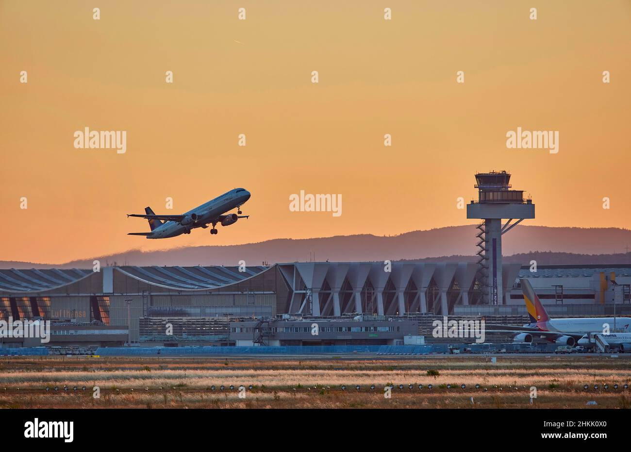 Airbus A321-200 decollo dall'aeroporto di Francoforte al crepuscolo, sullo sfondo l'hangar di manutenzione per jumbo jet, Germania, Assia, Francoforte Foto Stock
