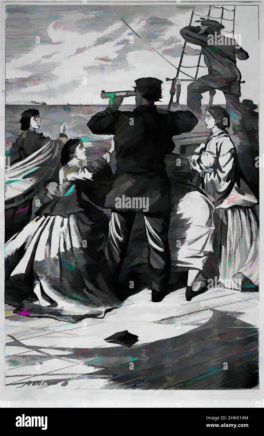 Arte ispirata dall'approccio del pirata britannico 'Alabama', Winslow Homer, americano, 1836-1910, incisione del legno, 1863, immagine: 13 3/4 x 9 1/8 pollici, 34,9 x 23,2 cm, 1863, spiaggia, corridore di blocco, confederato, Figure, Signore, Spyglass, Winslow Homer, opere classiche modernizzate da Artotop con un tocco di modernità. Forme, colore e valore, impatto visivo accattivante sulle emozioni artistiche attraverso la libertà delle opere d'arte in modo contemporaneo. Un messaggio senza tempo che persegue una nuova direzione selvaggiamente creativa. Artisti che si rivolgono al supporto digitale e creano l'NFT Artotop Foto Stock