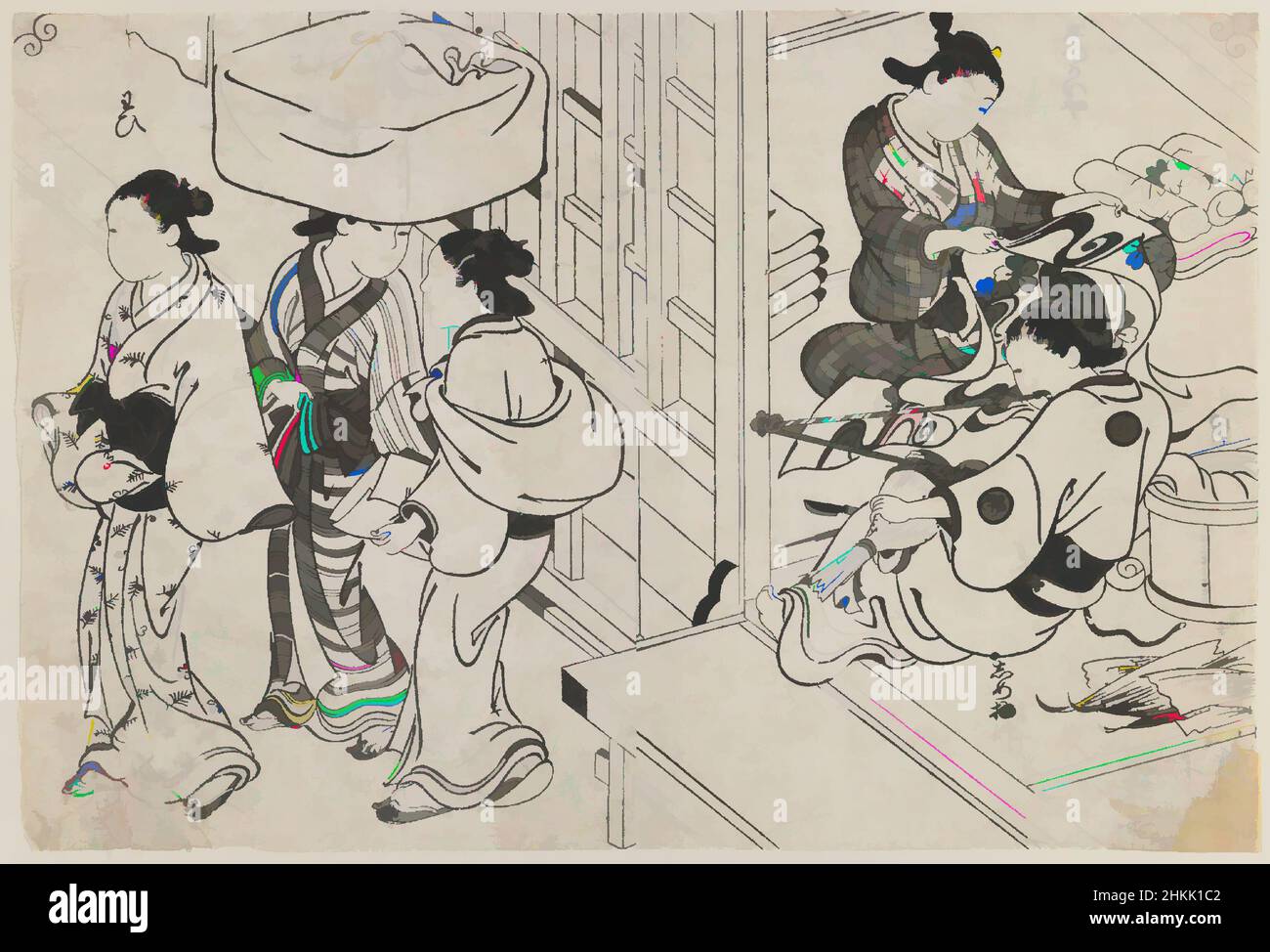 Arte ispirata da Brocade Making di Women, Nishikawa Sukenobu, giapponese, 1671-1750, stampa woodblock su carta, Giappone, ca. 1730-1736, periodo Edo, immagine: 13 7/8 x 9 3/8 pollici, 35,2 x 23,8 cm, asia, vita quotidiana, Giappone, giapponese, Kimono, contorni, tessuti, opere classiche modernizzate da Artotop con un tocco di modernità. Forme, colore e valore, impatto visivo accattivante sulle emozioni artistiche attraverso la libertà delle opere d'arte in modo contemporaneo. Un messaggio senza tempo che persegue una nuova direzione selvaggiamente creativa. Artisti che si rivolgono al supporto digitale e creano l'NFT Artotop Foto Stock