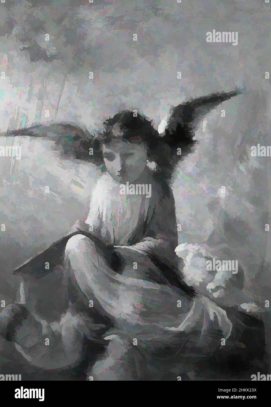 Arte ispirata all'Angelo, olio su tela, 9 15/16 x 7 1/8 pollici, 25,2 x 18,1 cm, cristiana, pittura, opere classiche modernizzate da Artotop con un tocco di modernità. Forme, colore e valore, impatto visivo accattivante sulle emozioni artistiche attraverso la libertà delle opere d'arte in modo contemporaneo. Un messaggio senza tempo che persegue una nuova direzione selvaggiamente creativa. Artisti che si rivolgono al supporto digitale e creano l'NFT Artotop Foto Stock