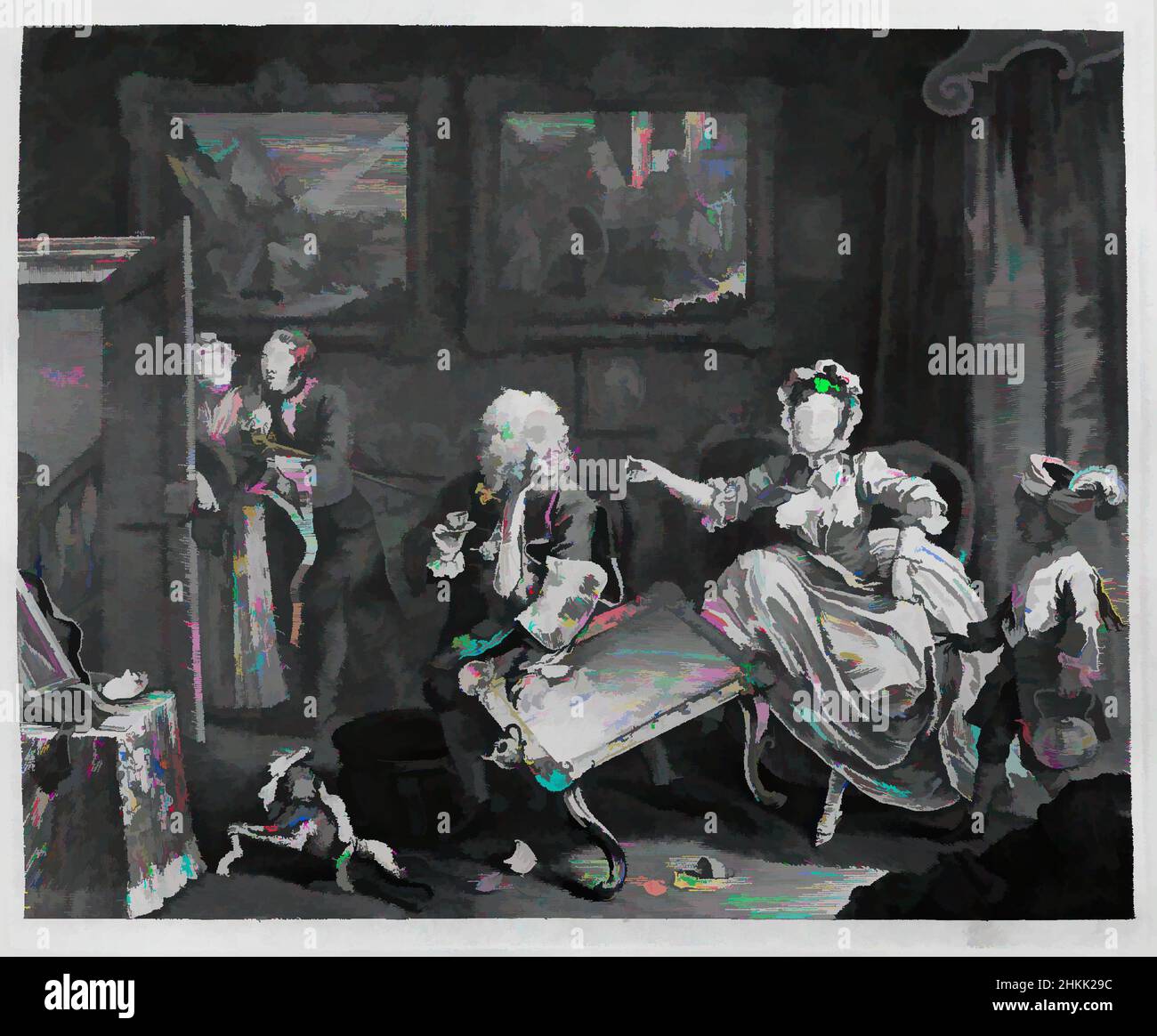 Arte ispirata da litigi con il suo protettore, da 'a harlot's Progress', William Hogarth, britannico, 1697-1764, incisione, 1732, 12 3/8 x 14 15/16 pollici, 31,4 x 38 cm, inglese, incisione, Hogarth, opere classiche modernizzate da Artotop con un tuffo di modernità. Forme, colore e valore, impatto visivo accattivante sulle emozioni artistiche attraverso la libertà delle opere d'arte in modo contemporaneo. Un messaggio senza tempo che persegue una nuova direzione selvaggiamente creativa. Artisti che si rivolgono al supporto digitale e creano l'NFT Artotop Foto Stock