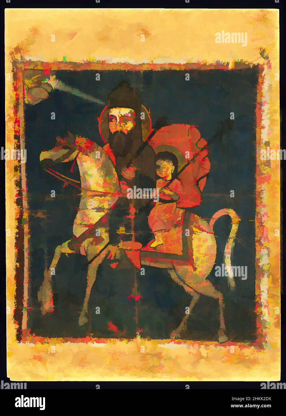 Arte ispirata da uomo e bambino montato su cavallo, olio su tessuto, 18th-19th secolo, Qajar, periodo Qajar, 28 x 24 pollici, 71,1 x 61 cm, animale, bambino, cavallo, uomo, Pittura ad olio, opere classiche modernizzate da Artotop con un tuffo di modernità. Forme, colore e valore, impatto visivo accattivante sulle emozioni artistiche attraverso la libertà delle opere d'arte in modo contemporaneo. Un messaggio senza tempo che persegue una nuova direzione selvaggiamente creativa. Artisti che si rivolgono al supporto digitale e creano l'NFT Artotop Foto Stock