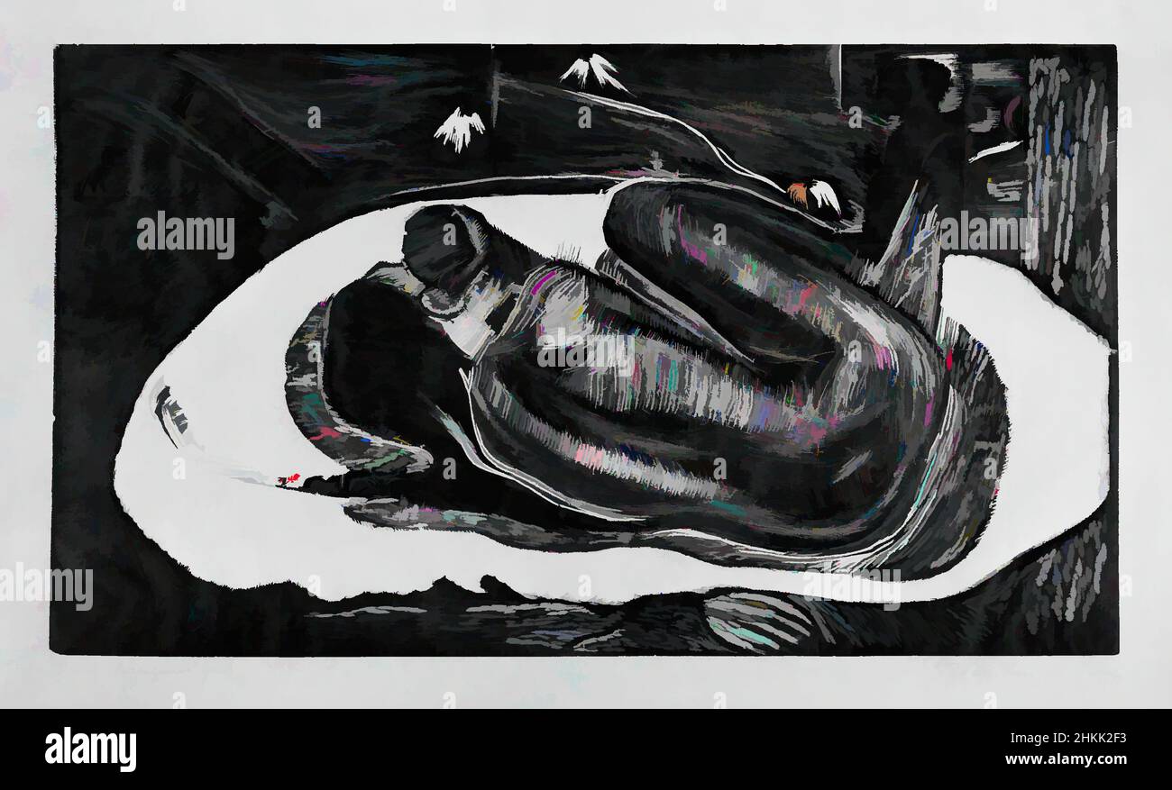Arte ispirata da Manao Tupapau, guardata dagli spiriti dei morti, Noa Noa, Paul Gauguin, francese, 1848-1903, Legno tagliato su carta cinese, Francia, scolpito 1893-1894; stampato 1921, foglio: 10 7/16 x 16 3/8 pollici, 26,5 x 41,6 cm, nero, morto, morte, fantasmi, Stampa, rilievo, spirito, bianco, legno tagliato, Opere classiche modernizzate da Artotop con un tocco di modernità. Forme, colore e valore, impatto visivo accattivante sulle emozioni artistiche attraverso la libertà delle opere d'arte in modo contemporaneo. Un messaggio senza tempo che persegue una nuova direzione selvaggiamente creativa. Artisti che si rivolgono al supporto digitale e creano l'NFT Artotop Foto Stock