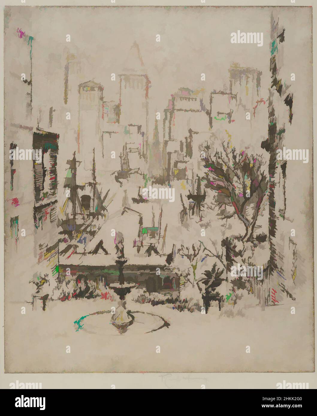 Arte ispirata da Clark Street a Wall Street, Joseph Pennell, americano, 1860-1926, etching, 1924, immagine: 8 7/8 x 7 1/2 pollici, 22,5 x 19 cm, bevanda, cibo, opere classiche modernizzate da Artotop con un tuffo di modernità. Forme, colore e valore, impatto visivo accattivante sulle emozioni artistiche attraverso la libertà delle opere d'arte in modo contemporaneo. Un messaggio senza tempo che persegue una nuova direzione selvaggiamente creativa. Artisti che si rivolgono al supporto digitale e creano l'NFT Artotop Foto Stock