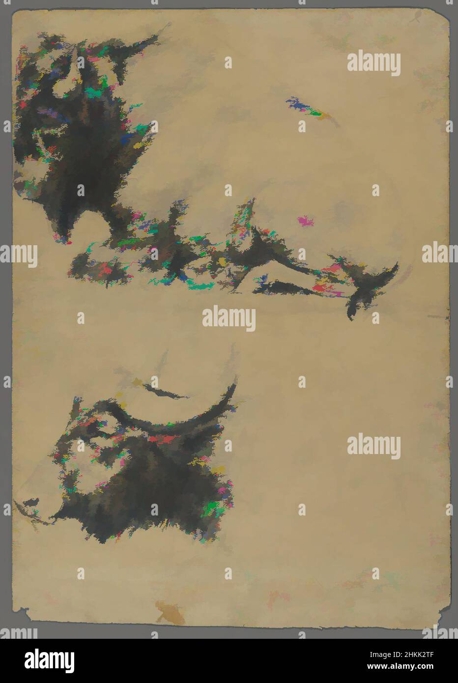 Arte ispirata da Brahman tori, recto e Bison e Head of Water Buffalo, verso, Philip H. Wolfrom, americano, 1870-1904, Grafite su carta, n.d., foglio: 9 13/16 x 7 pollici, 24,9 x 17,8 cm, studio animale, tori, fauna, corna, Humps, sketch, opere classiche modernizzate da Artotop con un tuffo di modernità. Forme, colore e valore, impatto visivo accattivante sulle emozioni artistiche attraverso la libertà delle opere d'arte in modo contemporaneo. Un messaggio senza tempo che persegue una nuova direzione selvaggiamente creativa. Artisti che si rivolgono al supporto digitale e creano l'NFT Artotop Foto Stock