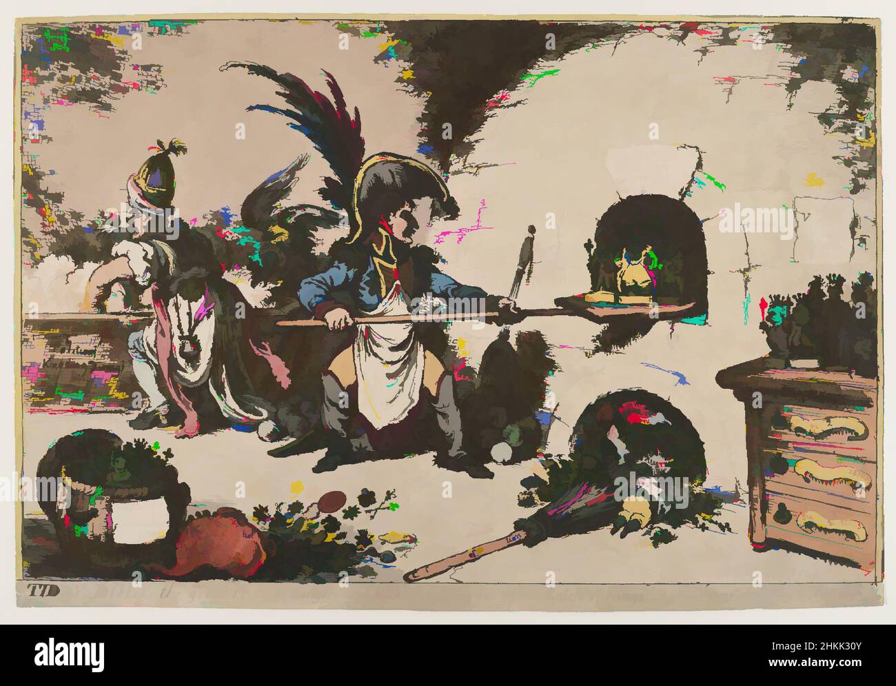 Arte ispirata da Tiddy-doll il grande panettiere francese di pan di zenzero che disegna un nuovo lotto dei re, James Gillray, britannico, 1757-1815, acquaforte e acquerello, Colorazione manuale su carta ovata, 1806, immagine: 9 3/8 x 14 3/8 pollici, 23,8 x 36,5 cm, cottura, caricatura, imperatori, epoca napoleonica, Forno, opere classiche modernizzate da Artotop con un tuffo di modernità. Forme, colore e valore, impatto visivo accattivante sulle emozioni artistiche attraverso la libertà delle opere d'arte in modo contemporaneo. Un messaggio senza tempo che persegue una nuova direzione selvaggiamente creativa. Artisti che si rivolgono al supporto digitale e creano l'NFT Artotop Foto Stock