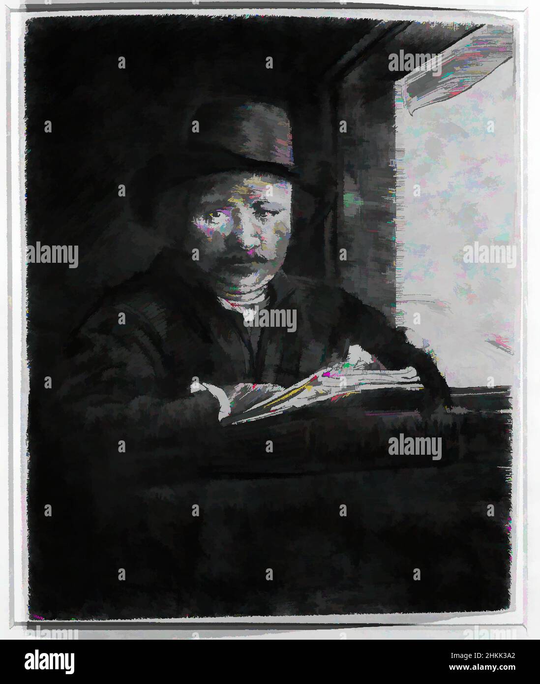 Arte ispirata da disegno autoritratto a una finestra, Rembrandt Harmensz. Van Rijn, olandese, 1606-1669, incisione, punto secco, E burin su carta posata, Olanda, 1648, piatto: 6 1/8 x 5 1/16 pollici, 15,6 x 12,9 cm, opere classiche modernizzate da Artotop con un tuffo di modernità. Forme, colore e valore, impatto visivo accattivante sulle emozioni artistiche attraverso la libertà delle opere d'arte in modo contemporaneo. Un messaggio senza tempo che persegue una nuova direzione selvaggiamente creativa. Artisti che si rivolgono al supporto digitale e creano l'NFT Artotop Foto Stock