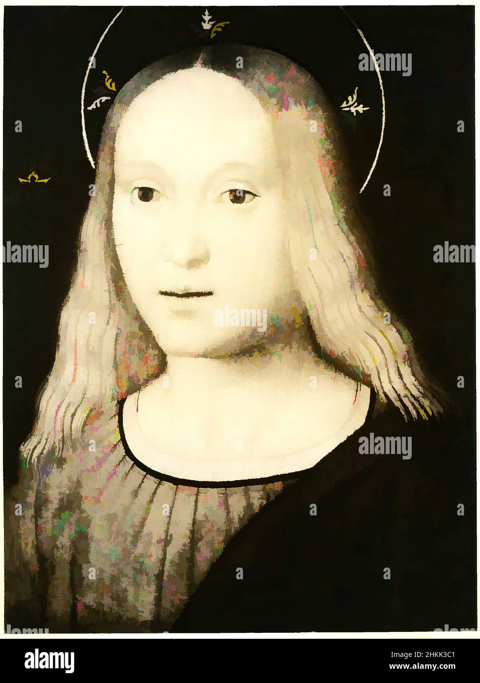 Arte ispirata dal Ritratto del Cristo giovane, Galeazzo campi, Italiano, Cremonese, 1477-1536, Olio su pannello, Italia, ca. 1510-1515, 10 x 8 pollici, 25,4 x 20,3 cm, cristo, europeo, alone, pittura italiana, gesù, pittura, religiosa, opere classiche modernizzate da Artotop con un tuffo di modernità. Forme, colore e valore, impatto visivo accattivante sulle emozioni artistiche attraverso la libertà delle opere d'arte in modo contemporaneo. Un messaggio senza tempo che persegue una nuova direzione selvaggiamente creativa. Artisti che si rivolgono al supporto digitale e creano l'NFT Artotop Foto Stock