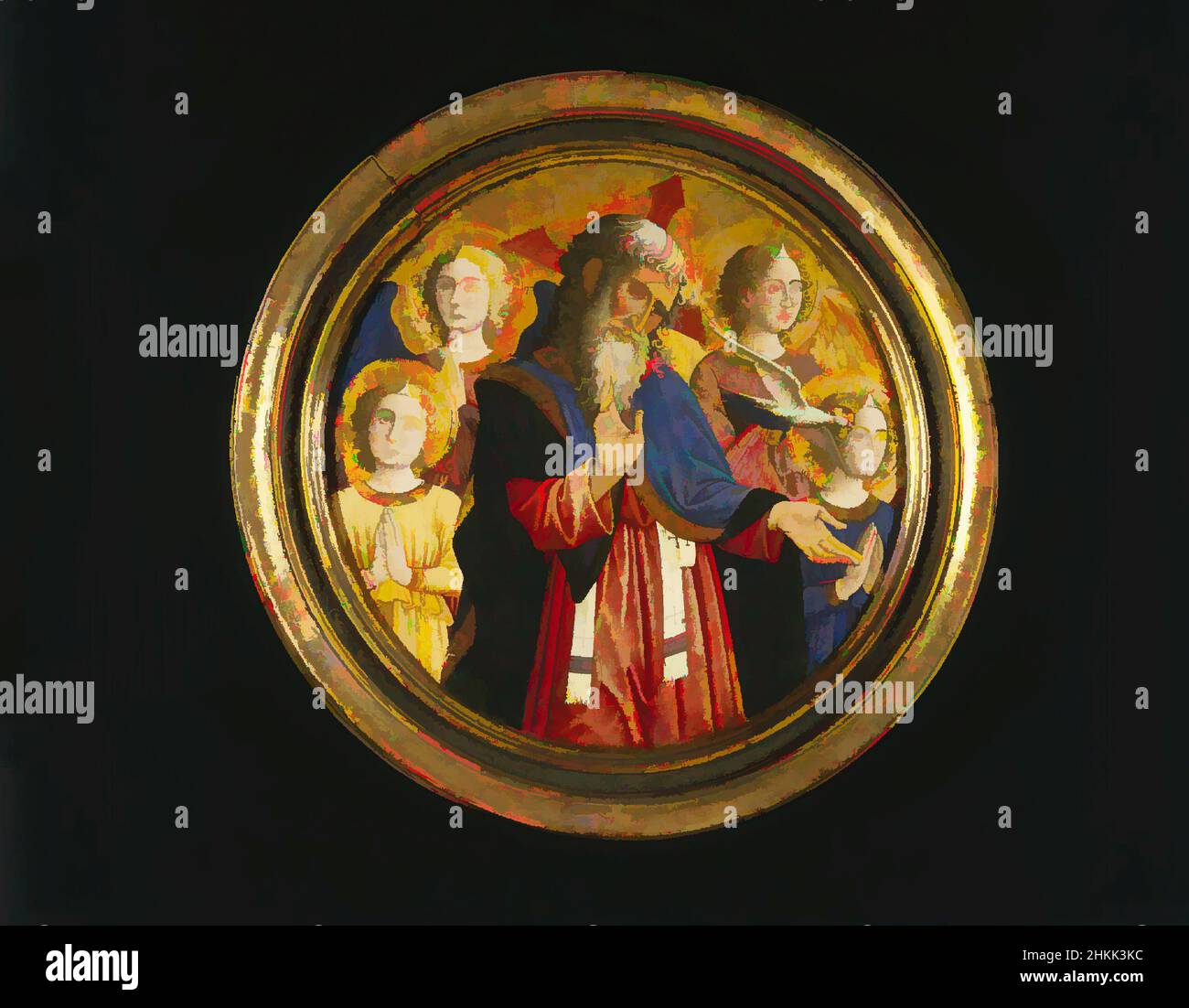 Arte ispirata a Dio Padre con quattro Angeli e la Colomba dello Spirito Santo, Giovanni Francesco da Rimini, italiano, ca. 1420-1470, Tempera e oro su pannello, Italia, ca. 1460, 18 1/4 in., 46,4 cm, angeli, Babbott, Barba, benedizione, cristianesimo, circolare, europea, Cinque figure, God, opere classiche modernizzate da Artotop con un tuffo di modernità. Forme, colore e valore, impatto visivo accattivante sulle emozioni artistiche attraverso la libertà delle opere d'arte in modo contemporaneo. Un messaggio senza tempo che persegue una nuova direzione selvaggiamente creativa. Artisti che si rivolgono al supporto digitale e creano l'NFT Artotop Foto Stock