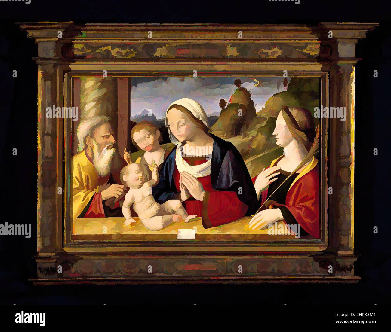 Arte ispirata dalla Sacra Famiglia con i Santi Giovanni Battista e Caterina d'Alessandria, Marco Palmezzano, Italiano, Scuola di Romagnola, ca. 1459/63-1539, Tempera e olio su pannello di pioppo, Italia, 1521, 23 3/4 x 36 1/4 pollici, 60,3 x 92,1 cm, bambino, bibbia, Caterina d'Alessandria, Cristianesimo, Opere classiche modernizzate da Artotop con un tocco di modernità. Forme, colore e valore, impatto visivo accattivante sulle emozioni artistiche attraverso la libertà delle opere d'arte in modo contemporaneo. Un messaggio senza tempo che persegue una nuova direzione selvaggiamente creativa. Artisti che si rivolgono al supporto digitale e creano l'NFT Artotop Foto Stock