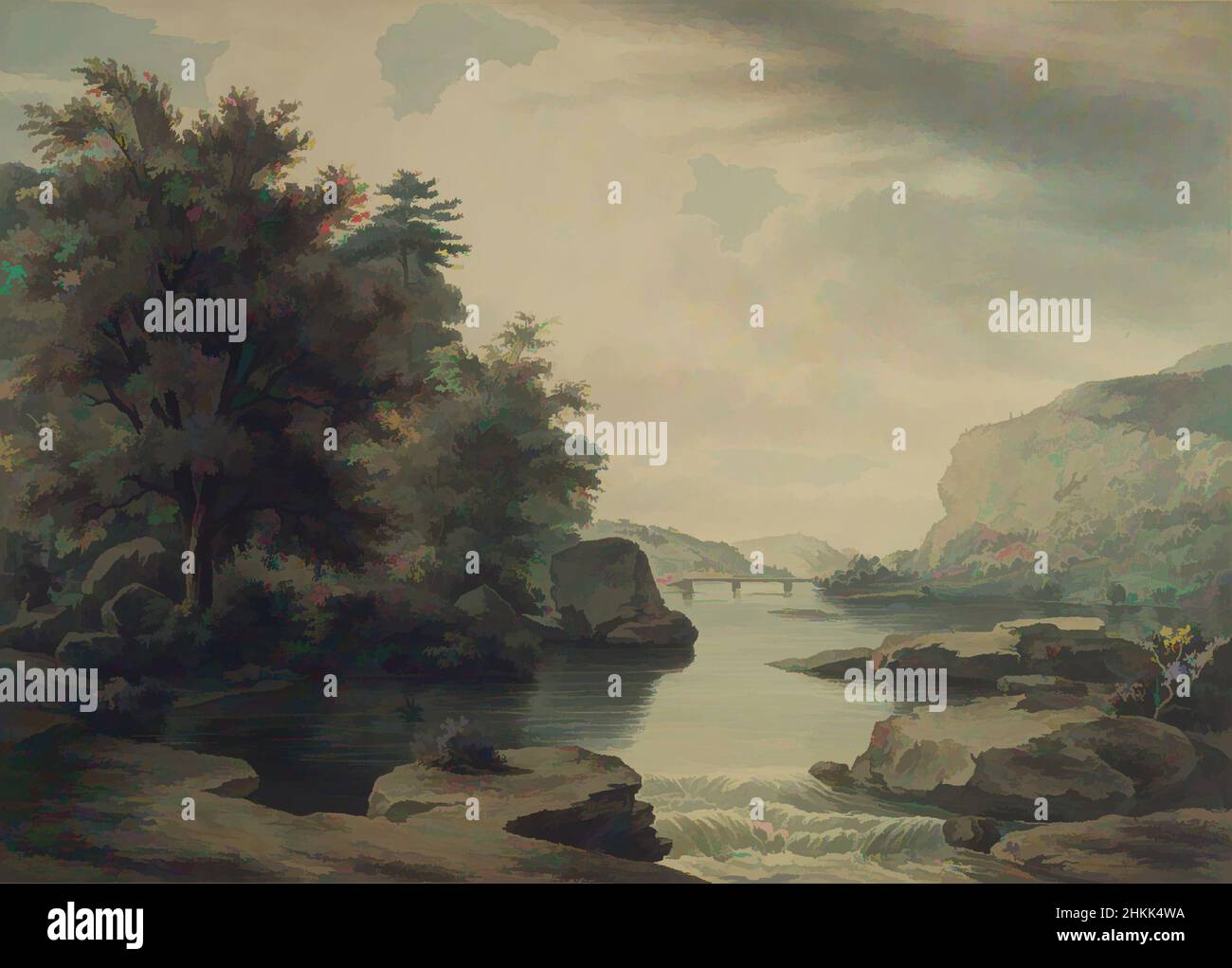 Arte ispirata da View on the Potomac guardando verso Harper's Ferry, William James Bennett, americano, 1787-1844, Watercolor, ponte, paesaggio, fiume, albero, opere classiche modernizzate da Artotop con un tuffo di modernità. Forme, colore e valore, impatto visivo accattivante sulle emozioni artistiche attraverso la libertà delle opere d'arte in modo contemporaneo. Un messaggio senza tempo che persegue una nuova direzione selvaggiamente creativa. Artisti che si rivolgono al supporto digitale e creano l'NFT Artotop Foto Stock