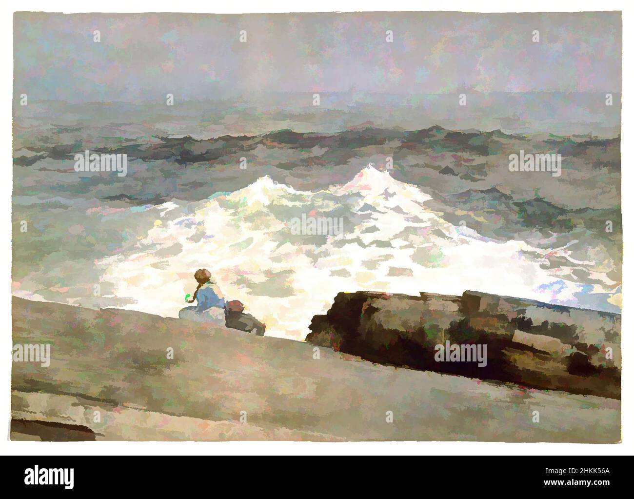 Arte ispirata dal Northeaster, Winslow Homer, americano, 1836-1910, acquerello su grafite su carta di vove crema, 1883, 14 1/8 x 19 3/4in., 35,9 x 50,2cm, 1883, 19th Century, americano, Arte americana, Pittura americana, Atlantico, spiaggia, costa, Freddo, incidente, pericolo, Costa Est, Est, Opere classiche modernizzate da Artotop con un tocco di modernità. Forme, colore e valore, impatto visivo accattivante sulle emozioni artistiche attraverso la libertà delle opere d'arte in modo contemporaneo. Un messaggio senza tempo che persegue una nuova direzione selvaggiamente creativa. Artisti che si rivolgono al supporto digitale e creano l'NFT Artotop Foto Stock