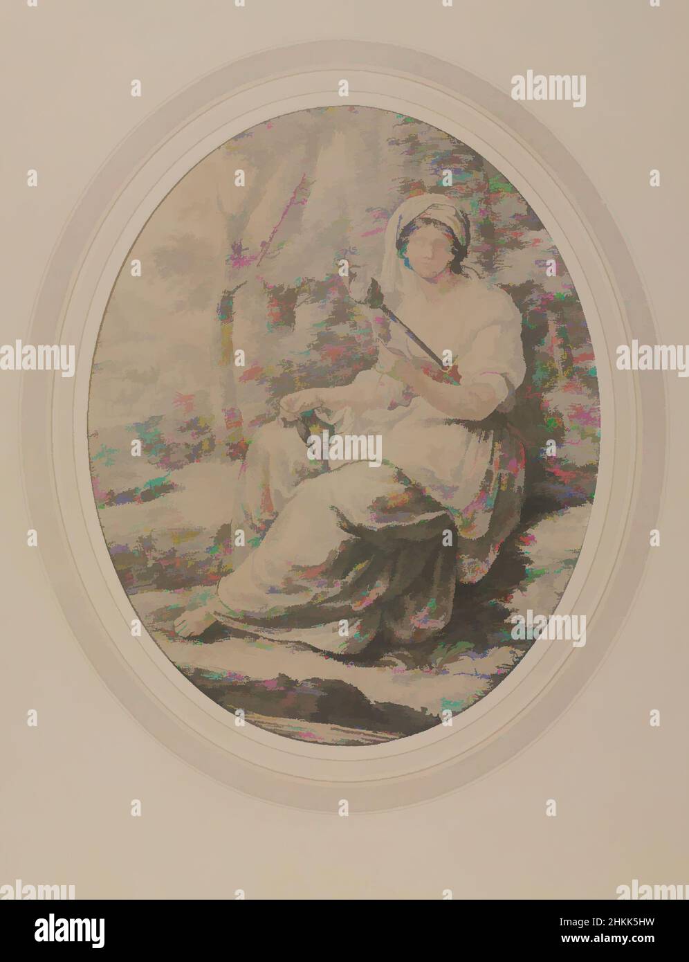 Art Inspired by the Distaff, Angelica Kauffmann, Svizzero, 1741-1807, disegno in pastello colorato su carta ovata, 18th secolo, foglio: 12 x 9 1/2 in., 30,5 x 24,1 cm, campo, pecora, filatura, donna, Donna artista, opere classiche modernizzate da Artotop con un tuffo di modernità. Forme, colore e valore, impatto visivo accattivante sulle emozioni artistiche attraverso la libertà delle opere d'arte in modo contemporaneo. Un messaggio senza tempo che persegue una nuova direzione selvaggiamente creativa. Artisti che si rivolgono al supporto digitale e creano l'NFT Artotop Foto Stock