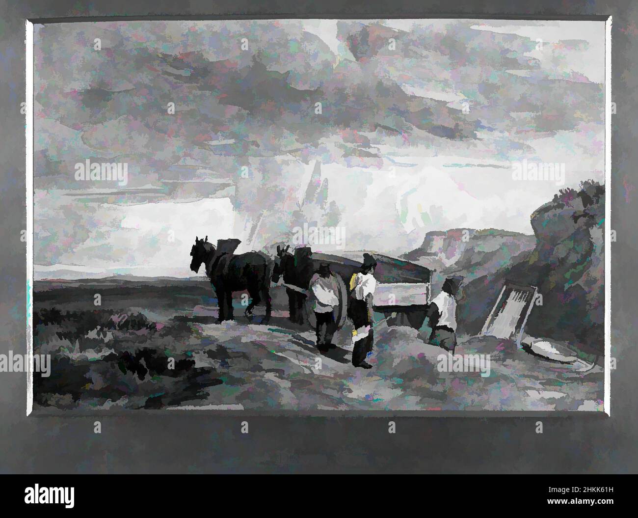Art Inspired by Men Working at a Sand Quarry, David Cox, British, 1783-1859, Watercolor, circa 1840-1850, 5 7/8 x 8 5/8in., 14,9 x 21,9cm, cavalli, dipinti, opere classiche modernizzate da Artotop con un tuffo di modernità. Forme, colore e valore, impatto visivo accattivante sulle emozioni artistiche attraverso la libertà delle opere d'arte in modo contemporaneo. Un messaggio senza tempo che persegue una nuova direzione selvaggiamente creativa. Artisti che si rivolgono al supporto digitale e creano l'NFT Artotop Foto Stock