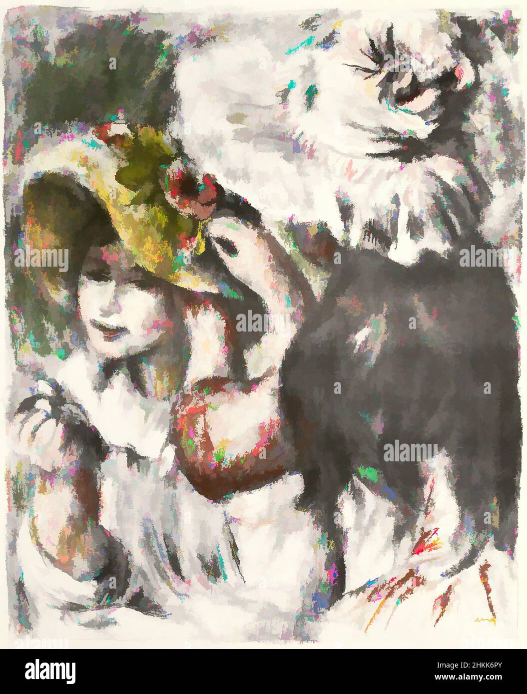 Arte ispirata da Pinning the Hat, le Chapeau épinglé, Pierre-Auguste Renoir, francese, 1841-1919, Litografia a colori su carta laiata MBM, Francia, 1898, immagine: 23 7/8 x 19 pollici, 60,6 x 48,3 cm, 19th secolo, moda, francese, ragazza, hat, Impressionismo, litografia, Renoir, opere classiche modernizzate da Artotop con un tocco di modernità. Forme, colore e valore, impatto visivo accattivante sulle emozioni artistiche attraverso la libertà delle opere d'arte in modo contemporaneo. Un messaggio senza tempo che persegue una nuova direzione selvaggiamente creativa. Artisti che si rivolgono al supporto digitale e creano l'NFT Artotop Foto Stock
