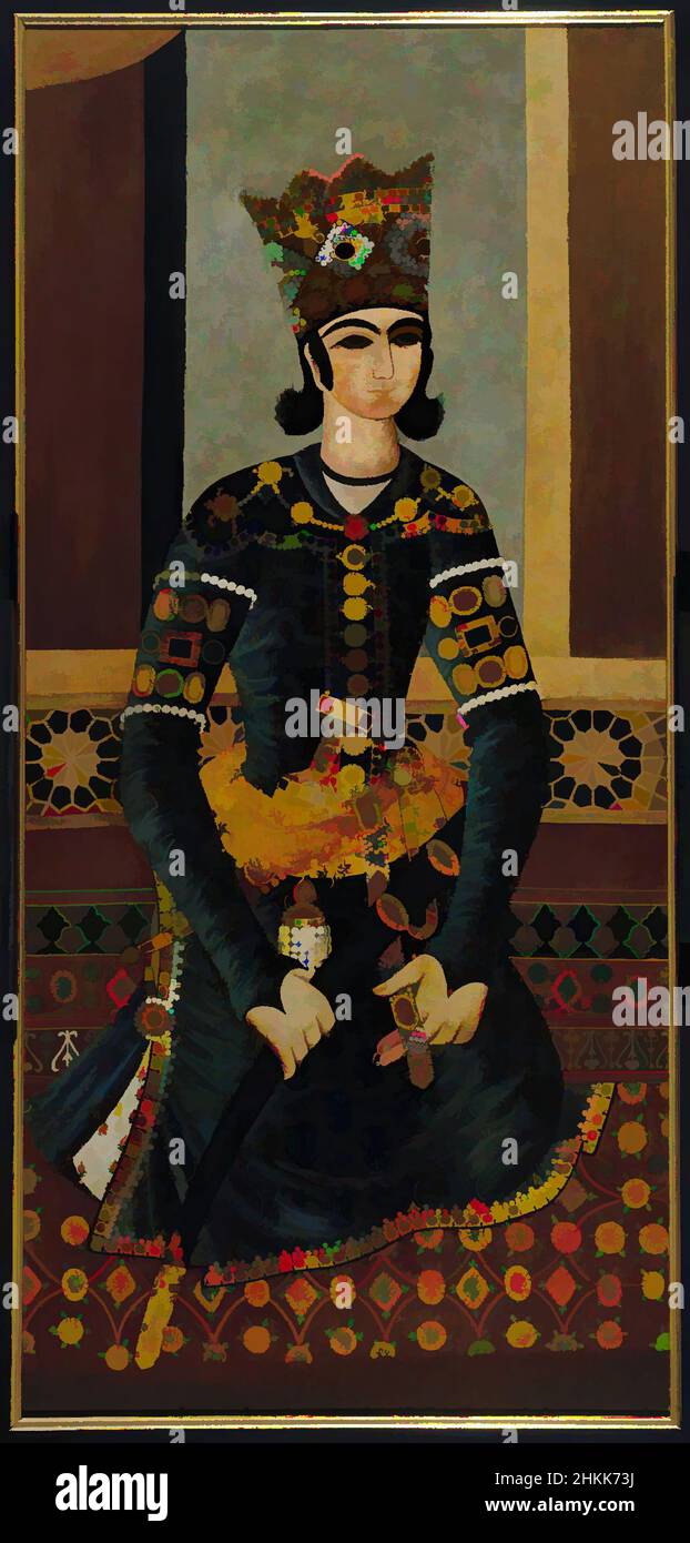 Arte ispirata dal principe seduto, olio su cotone, incorniciato, conservato, ca. 1825, Qajar, periodo Qajar, 62 x 29 pollici, 157,5 x 73,7 cm, 19th secolo, corona, élite, figura umana, Iran, gioielli, uomo, Medio Oriente, pittura, persiano, persona, ritratto, potere, principe, Qajar, regale, regale, seduto, opere classiche modernizzate da Artotop con un tuffo di modernità. Forme, colore e valore, impatto visivo accattivante sulle emozioni artistiche attraverso la libertà delle opere d'arte in modo contemporaneo. Un messaggio senza tempo che persegue una nuova direzione selvaggiamente creativa. Artisti che si rivolgono al supporto digitale e creano l'NFT Artotop Foto Stock