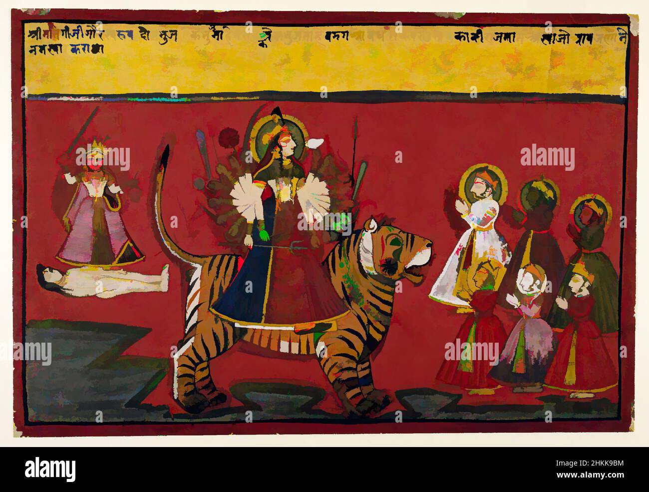 Arte ispirata dalla dea Matangi, indiano, acquerello opaco, oro, e argento su carta, Rajasthan, India, ca. 1760, foglio: 11 1/4 x 16 1/2 pollici, 28,6 x 41,9 cm, Durga, Dea, Oro, Halo, Matangi, Mewar, Luna, ndd3, carta, Rajasthan, Shiva, Argento, Tiger, acquerello, Opere classiche modernizzate da Artotop con un tocco di modernità. Forme, colore e valore, impatto visivo accattivante sulle emozioni artistiche attraverso la libertà delle opere d'arte in modo contemporaneo. Un messaggio senza tempo che persegue una nuova direzione selvaggiamente creativa. Artisti che si rivolgono al supporto digitale e creano l'NFT Artotop Foto Stock