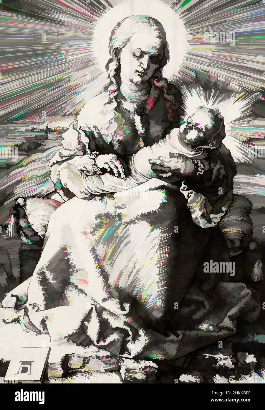 Arte ispirata alla Vergine con il Salvatore infantile in abiti ondeggiati, Albrecht Dürer, tedesco, 1471-1528, incisione su carta stampata, 1520, 5 5/8 x 3 7/8 pollici, 14,3 x 9,8 cm, opere classiche modernizzate da Artotop con un tuffo di modernità. Forme, colore e valore, impatto visivo accattivante sulle emozioni artistiche attraverso la libertà delle opere d'arte in modo contemporaneo. Un messaggio senza tempo che persegue una nuova direzione selvaggiamente creativa. Artisti che si rivolgono al supporto digitale e creano l'NFT Artotop Foto Stock