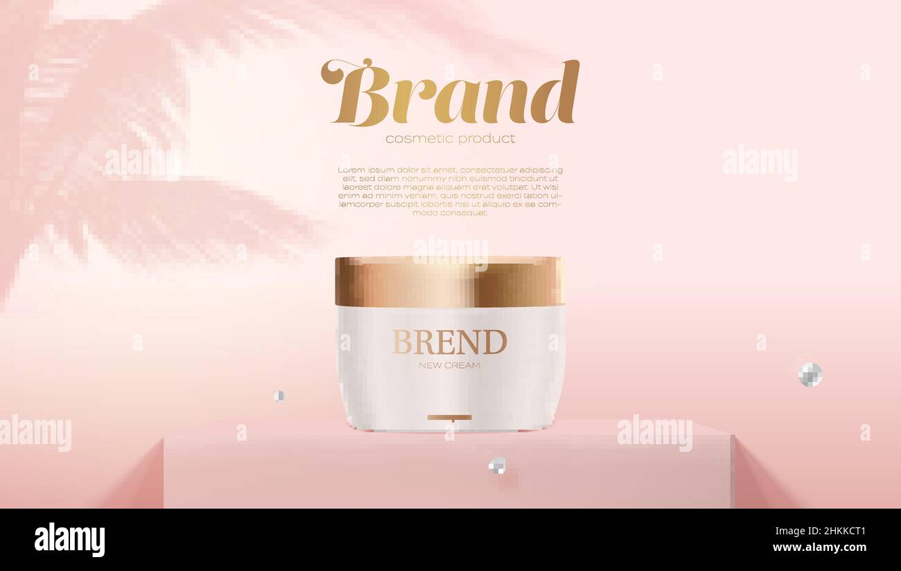 Vaso di crema cosmetica banner annunci. Foglie di palma ombreggiate sullo sfondo. Illustrazione Vettoriale