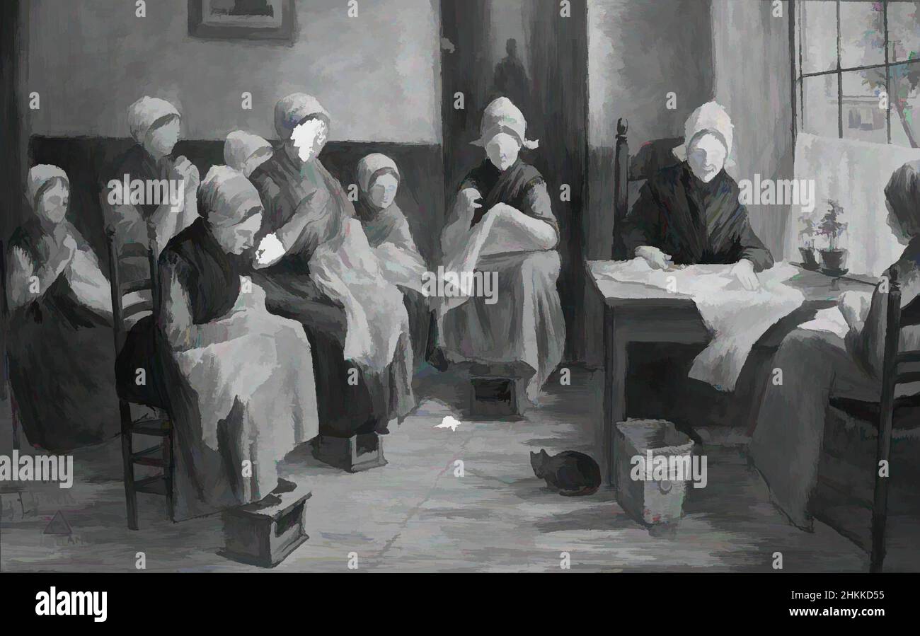 Arte ispirata alla Scuola Sewing, Scuola di Josef Israels, Olandese, 1824-1917, olio su pannello o placca in ceramica, inizio 20th secolo, probabilmente, targa: 11 1/4 x 17 3/8 pollici, 28,6 x 44,1 cm, opere classiche modernizzate da Artotop con un tuffo di modernità. Forme, colore e valore, impatto visivo accattivante sulle emozioni artistiche attraverso la libertà delle opere d'arte in modo contemporaneo. Un messaggio senza tempo che persegue una nuova direzione selvaggiamente creativa. Artisti che si rivolgono al supporto digitale e creano l'NFT Artotop Foto Stock
