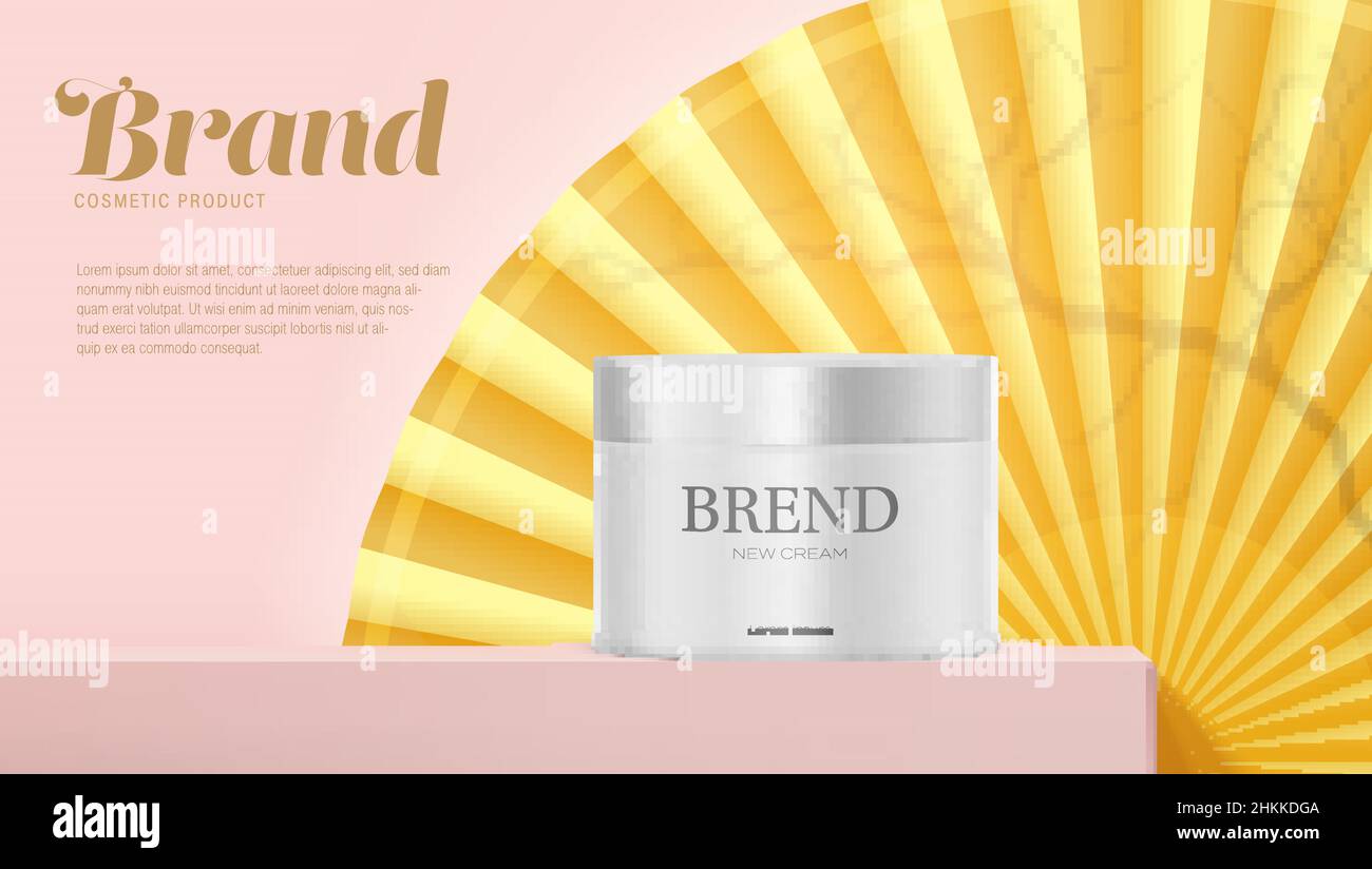 Vaso con crema cosmetica. Ventilatore giallo e rami di albero ombra sullo sfondo. Illustrazione Vettoriale