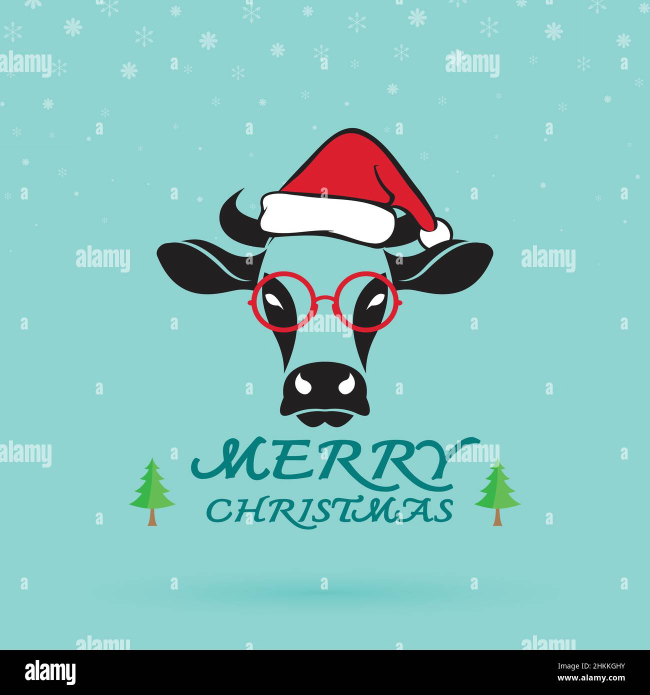 Vector Merry natale biglietto mucca saluto. Illustrazione vettoriale. Illustrazione vettoriale a livelli facilmente modificabile. Illustrazione Vettoriale