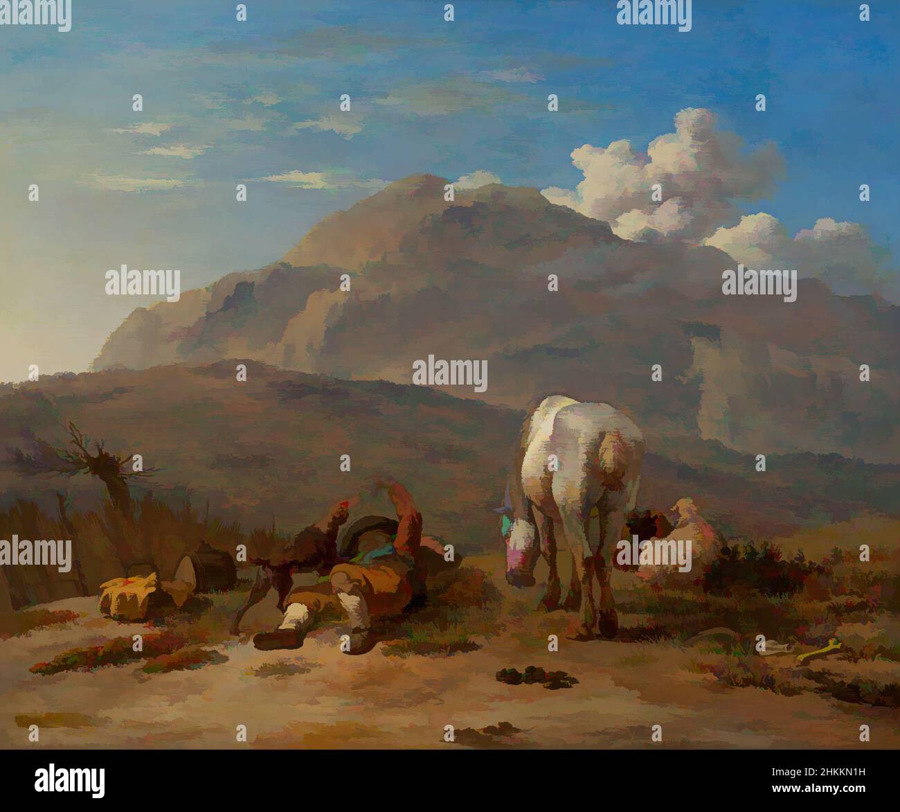 Arte ispirata al paesaggio italiano con un giovane pastore che gioca con il suo cane, Karel Dujardin, c.. 1660 - 1665, opere classiche modernizzate da Artotop con un tocco di modernità. Forme, colore e valore, impatto visivo accattivante sulle emozioni artistiche attraverso la libertà delle opere d'arte in modo contemporaneo. Un messaggio senza tempo che persegue una nuova direzione selvaggiamente creativa. Artisti che si rivolgono al supporto digitale e creano l'NFT Artotop Foto Stock