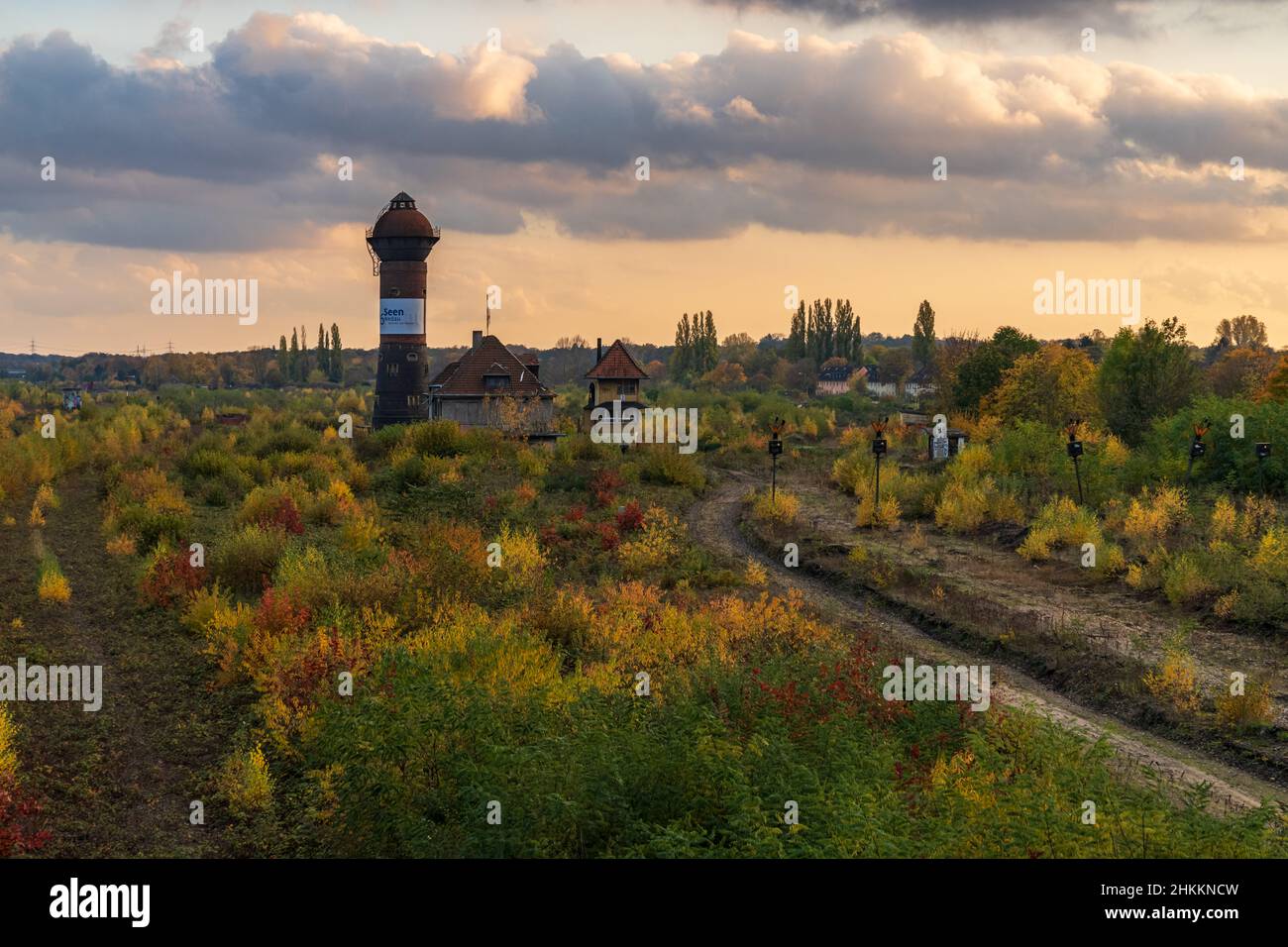 Duisburg, North Rhine-Westfalia, Germania - 09 novembre 2019: Vista sull'ex deposito merci a Duisburg-Wedau vicino al Sechi-Secht-Platte (Six Lak Foto Stock