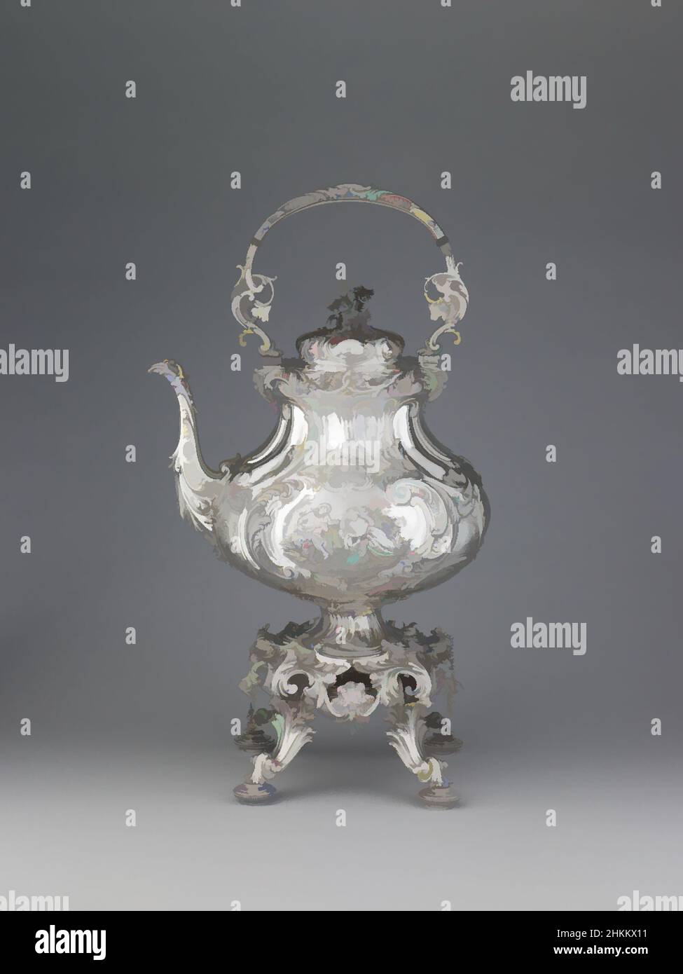 Arte ispirata da Kettle and Stand, Vincent Laforme, americano (nato in Germania), 1823-1893, Lincoln & Foss, Boston, Massachusetts, attivo 1847-1858, c.1855, Argento, Fabbricato a Boston, Massachusetts, Stati Uniti, America settentrionale e centrale, lavorazione dei metalli, 21 x 11 1/2 x 10 pollici (53,3 x 29,2 x 25,4 cm, opere classiche modernizzate da Artotop con un tocco di modernità. Forme, colore e valore, impatto visivo accattivante sulle emozioni artistiche attraverso la libertà delle opere d'arte in modo contemporaneo. Un messaggio senza tempo che persegue una nuova direzione selvaggiamente creativa. Artisti che si rivolgono al supporto digitale e creano l'NFT Artotop Foto Stock