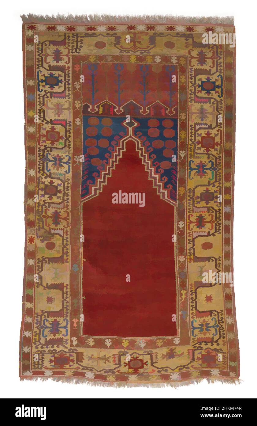 Arte ispirata da Ladik Prayer Rug (seccade), turco, periodo ottomano, 1281-1924, c.1800, Lana, fabbricata in provincia di Konya, Anatolia, Turchia, Asia, rivestimenti e impacchi, tessuti, 78 x 45 1/2 poll. (198,1 x 115,6 cm, opere classiche modernizzate da Artotop con un tuffo di modernità. Forme, colore e valore, impatto visivo accattivante sulle emozioni artistiche attraverso la libertà delle opere d'arte in modo contemporaneo. Un messaggio senza tempo che persegue una nuova direzione selvaggiamente creativa. Artisti che si rivolgono al supporto digitale e creano l'NFT Artotop Foto Stock