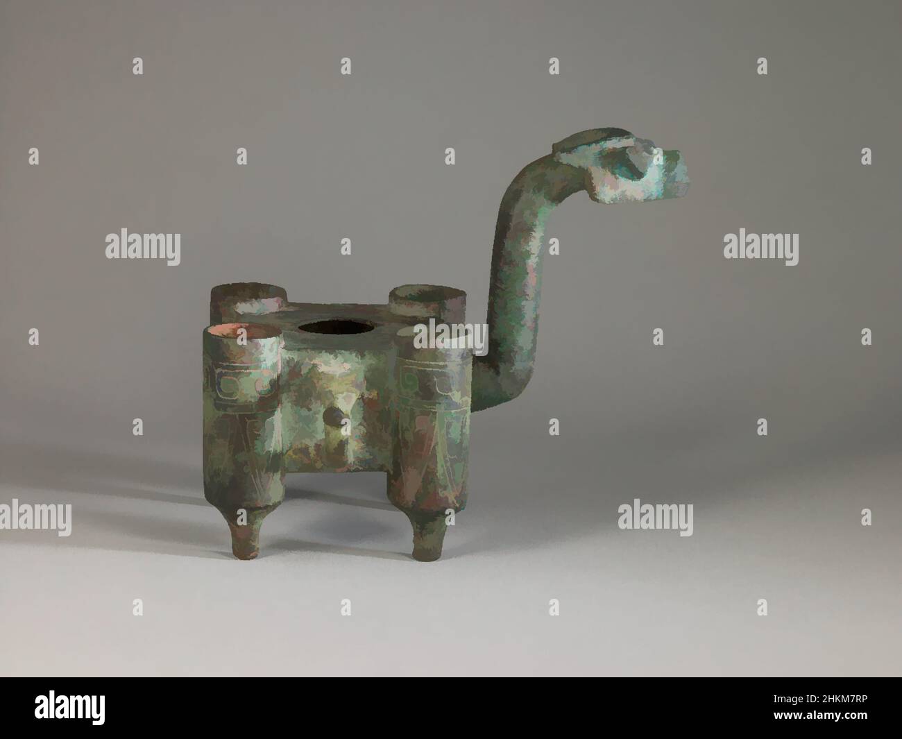 Arte ispirata da contenitore di pigmento (tiao se qi) con collo allungato e testa di bufalo di acqua, cinese, dinastia di Shang, 1600-1050 BC, o dinastia occidentale di Zhou, 1050-771 BC, 11th secolo BC, Bronze, Anyang, Provincia di Henan, Cina, Asia, lavorazione dei metalli, utensili e attrezzature, altezza: 6 3/4 cm (17,1 cm, opere classiche modernizzate da Artotop con un tuffo di modernità. Forme, colore e valore, impatto visivo accattivante sulle emozioni artistiche attraverso la libertà delle opere d'arte in modo contemporaneo. Un messaggio senza tempo che persegue una nuova direzione selvaggiamente creativa. Artisti che si rivolgono al supporto digitale e creano l'NFT Artotop Foto Stock