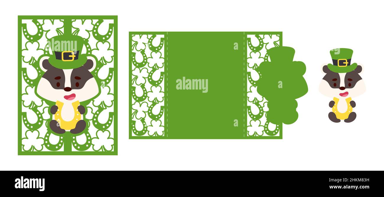 Modello di carta d'invito per il taglio laser del badge di St. Patrick's Day. Silhouette ritagliata in carta per plotter e serigrafia. Vettore stock illustrat Illustrazione Vettoriale
