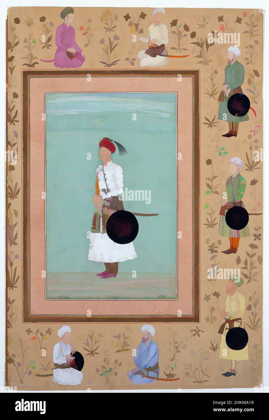 Art Inspired by Page from the Late Shah Jahan Album, Indian, Reign of Shah Jahan, 1627-1657, Mughal Period, 1526-1858, c.1650-1660, Inchiostro, acquerello opaco, e oro su carta, fatto in India, Asia, disegni & acquerelli, dipinti, immagine: 8 1/16 x 5 1/8 pollici (20,5 x 13 cm, opere classiche modernizzate da Artotop con un tuffo di modernità. Forme, colore e valore, impatto visivo accattivante sulle emozioni artistiche attraverso la libertà delle opere d'arte in modo contemporaneo. Un messaggio senza tempo che persegue una nuova direzione selvaggiamente creativa. Artisti che si rivolgono al supporto digitale e creano l'NFT Artotop Foto Stock