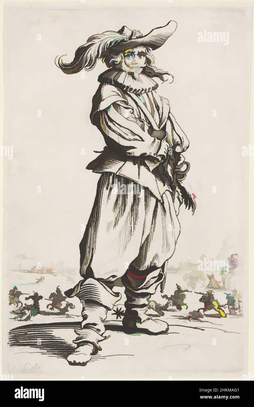 Arte ispirata da Soldier in un cappello piume, dalla serie 'la nobiltà di Lorena', Jacques Callot, francese, 1592-1635, 1620-23, Etching, Nancy, Lorena, Francia, Europa, Firenze, Toscana, Italia, Europa, stampe, piastra: 5 9/16 x 3 5/8 poll. (14,2 x 9,2 cm, opere classiche modernizzate da Artotop con un tuffo di modernità. Forme, colore e valore, impatto visivo accattivante sulle emozioni artistiche attraverso la libertà delle opere d'arte in modo contemporaneo. Un messaggio senza tempo che persegue una nuova direzione selvaggiamente creativa. Artisti che si rivolgono al supporto digitale e creano l'NFT Artotop Foto Stock