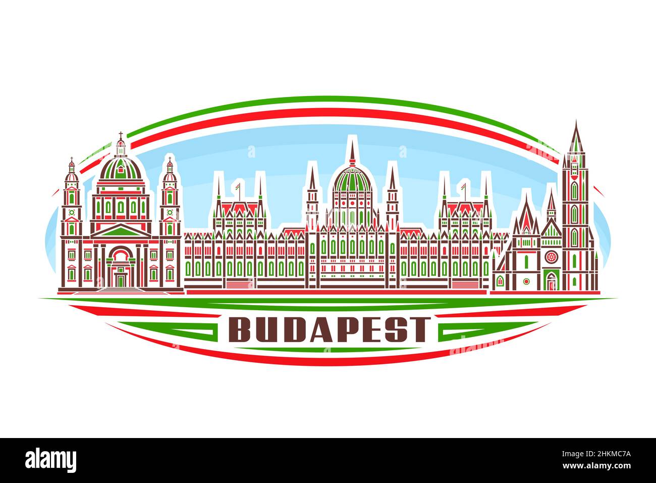Illustrazione vettoriale di Budapest, badge orizzontale verde con design lineare paesaggio europeo della città di budapest su sfondo cielo di giorno, famosa linea urbana arte c Illustrazione Vettoriale
