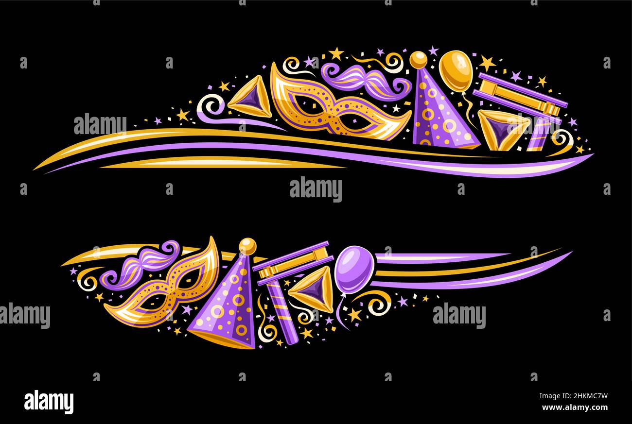 Bordo vettoriale per Purim Carnival con copyspace per testo, banner orizzontale con illustrazione di vari simboli purim viola, confetti decorativi e Illustrazione Vettoriale