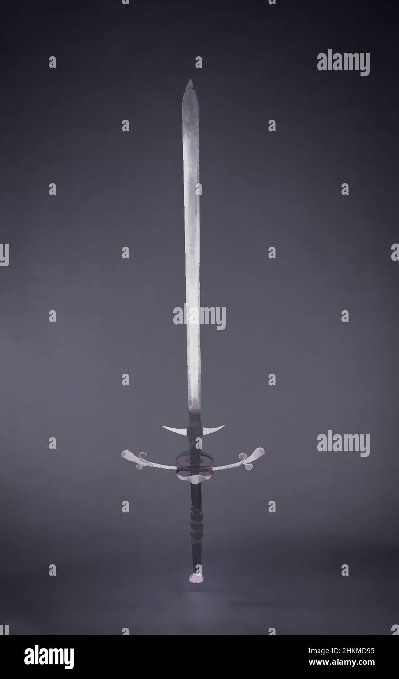 Arte ispirata alla spada a due mani, svizzera ed eventualmente italiana, del 1617, acciaio con incisione, ferro, legno, E cuoio, fabbricati a Lucerna, Svizzera, Europa, armi e armature, metallo, 65 13/16 x 18 1/4 x 7 3/8 pollici (167,2 x 46,4 x 18,7 cm, opere classiche modernizzate da Artotop con un tocco di modernità. Forme, colore e valore, impatto visivo accattivante sulle emozioni artistiche attraverso la libertà delle opere d'arte in modo contemporaneo. Un messaggio senza tempo che persegue una nuova direzione selvaggiamente creativa. Artisti che si rivolgono al supporto digitale e creano l'NFT Artotop Foto Stock