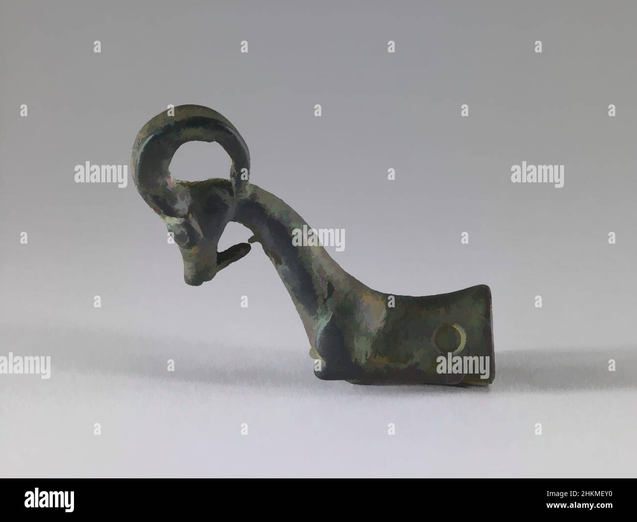 Arte ispirata da Whetstone manico in forma di un Ibex, Near Eastern, Iranian, Lur, Iron Age, 1350-650 AC, 1000-700 AC, Bronze, provincia di Luristan, Iran, Asia, Vicino Oriente (Medio Oriente), lavorazione dei metalli, utensili e attrezzature, 3 7/16 x 13/16 x 3 1/4 poll. (8,7 x 2 x 8,3 cm, opere classiche modernizzate da Artotop con un tocco di modernità. Forme, colore e valore, impatto visivo accattivante sulle emozioni artistiche attraverso la libertà delle opere d'arte in modo contemporaneo. Un messaggio senza tempo che persegue una nuova direzione selvaggiamente creativa. Artisti che si rivolgono al supporto digitale e creano l'NFT Artotop Foto Stock