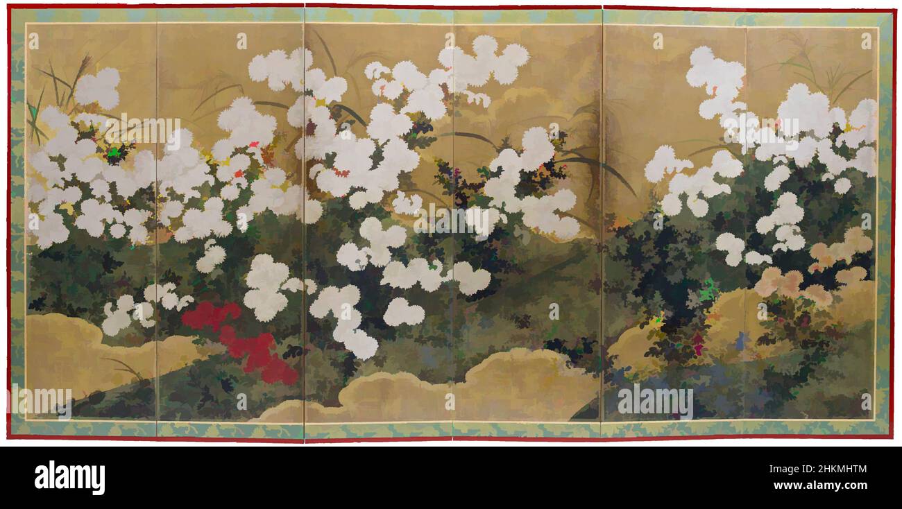 Arte ispirata da Chrysanthemums e piante autunnali, giapponese, periodo Edo, 1615-1868, fine 17th-inizio 18th secolo, schermo pieghevole a sei pannelli; inchiostro, colore, e foglia d'oro su carta, made in Japan, Asia, Mobili, dipinti, totale: 66 1/2 x 136 poll. (168,9 x 345,4 cm, opere classiche modernizzate da Artotop con un tuffo di modernità. Forme, colore e valore, impatto visivo accattivante sulle emozioni artistiche attraverso la libertà delle opere d'arte in modo contemporaneo. Un messaggio senza tempo che persegue una nuova direzione selvaggiamente creativa. Artisti che si rivolgono al supporto digitale e creano l'NFT Artotop Foto Stock