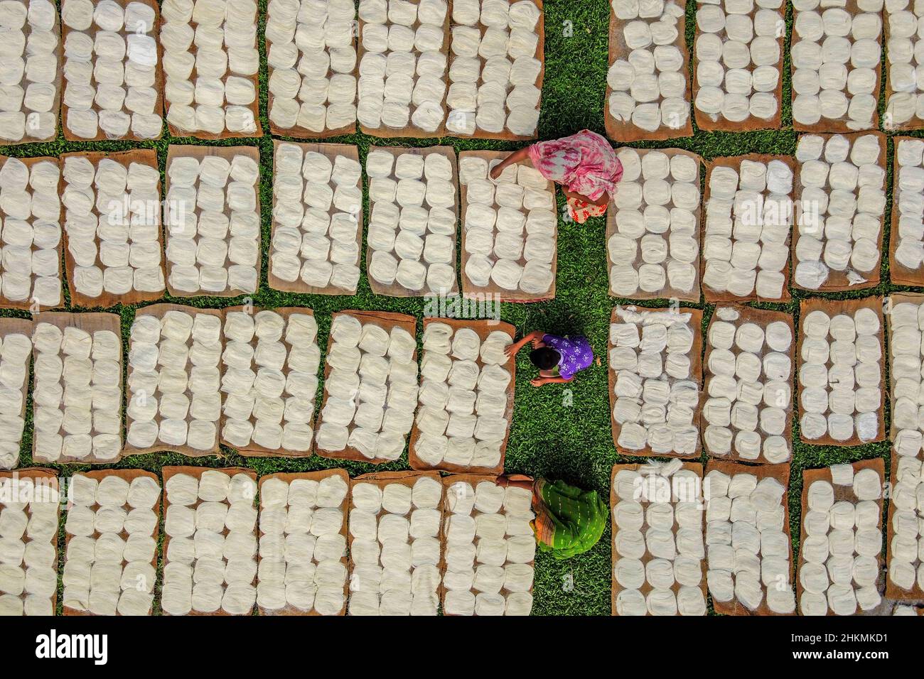 Gli operai stanno facendo i noodles vermicelli del riso nelle fabbriche vicino Bogra, Bangladesh Foto Stock