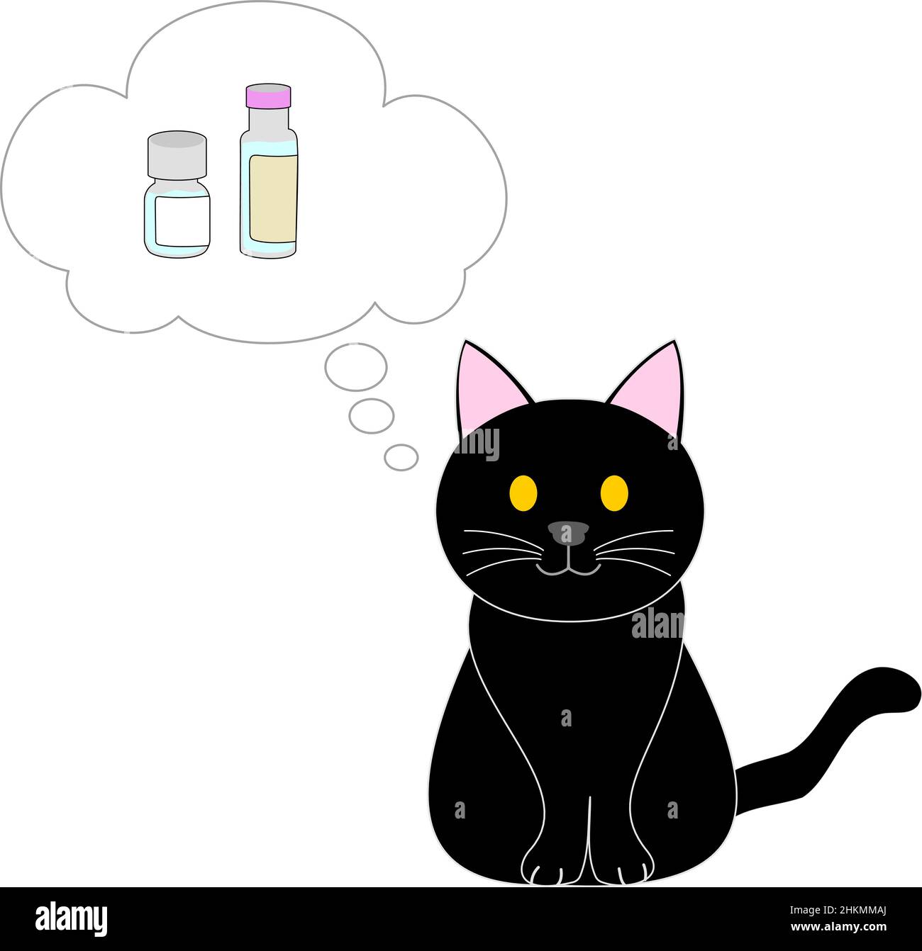 Un gatto nero e un pallone di discorso con un vaccino Foto Stock