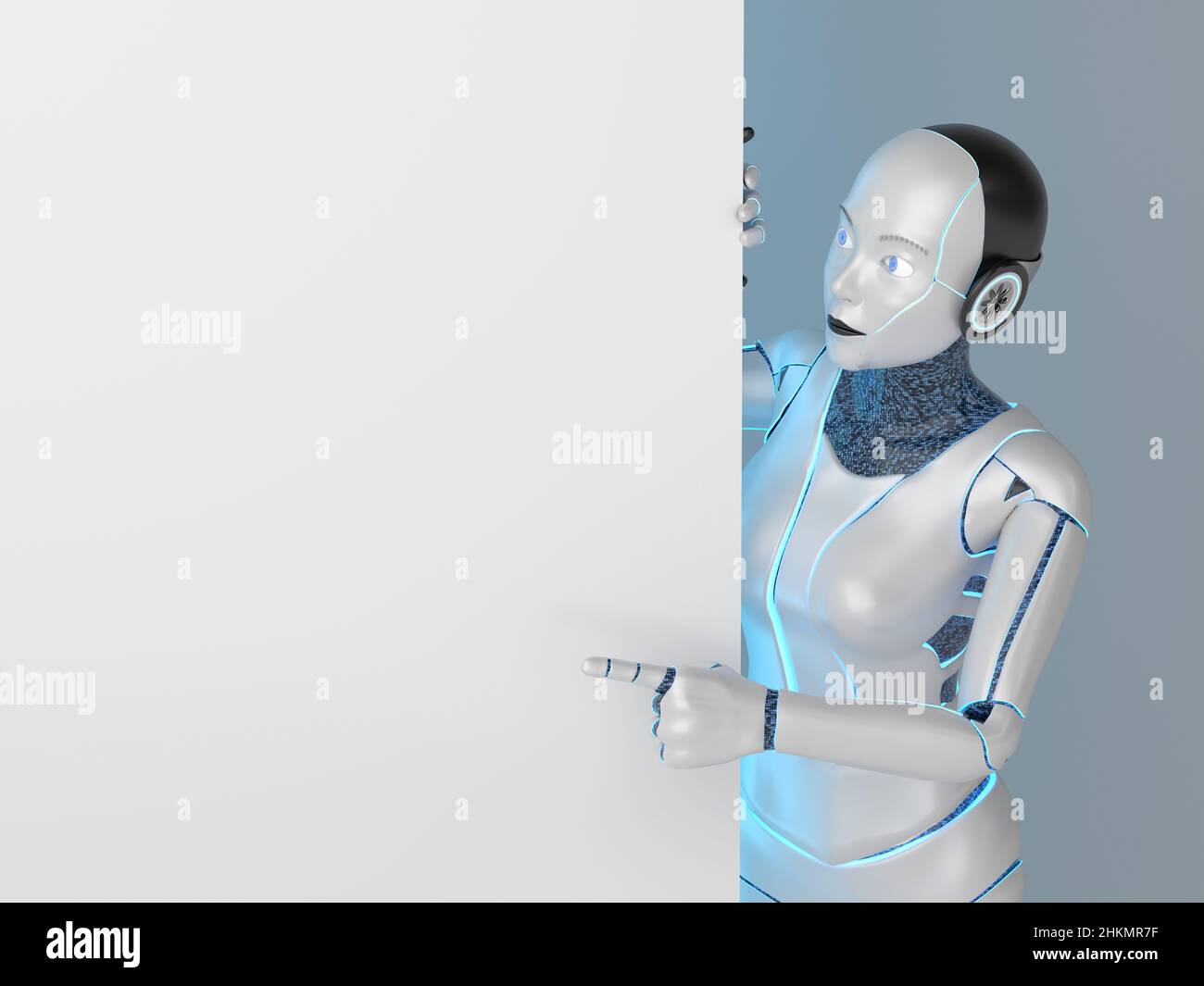 Il robot guarda una parete bianca vuota. 3D rendering. Foto Stock