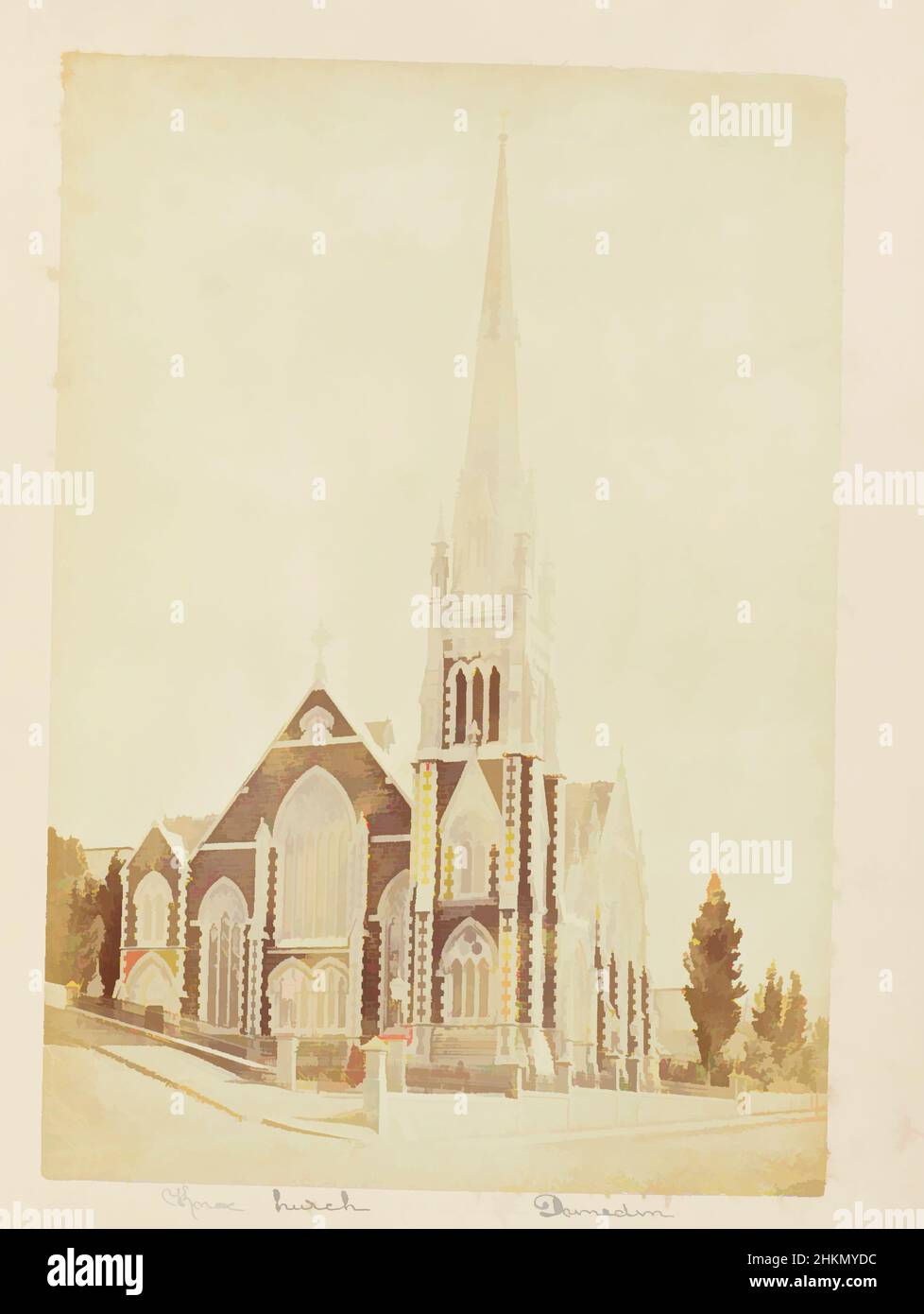 Arte ispirata da Knox Church, George Street, Dunedin. Dall'album: New Zealand album, studio Burton Brothers, fotografo, circa 1880, Dunedin, Processo albumen, opere classiche modernizzate da Artotop con un tuffo di modernità. Forme, colore e valore, impatto visivo accattivante sulle emozioni artistiche attraverso la libertà delle opere d'arte in modo contemporaneo. Un messaggio senza tempo che persegue una nuova direzione selvaggiamente creativa. Artisti che si rivolgono al supporto digitale e creano l'NFT Artotop Foto Stock